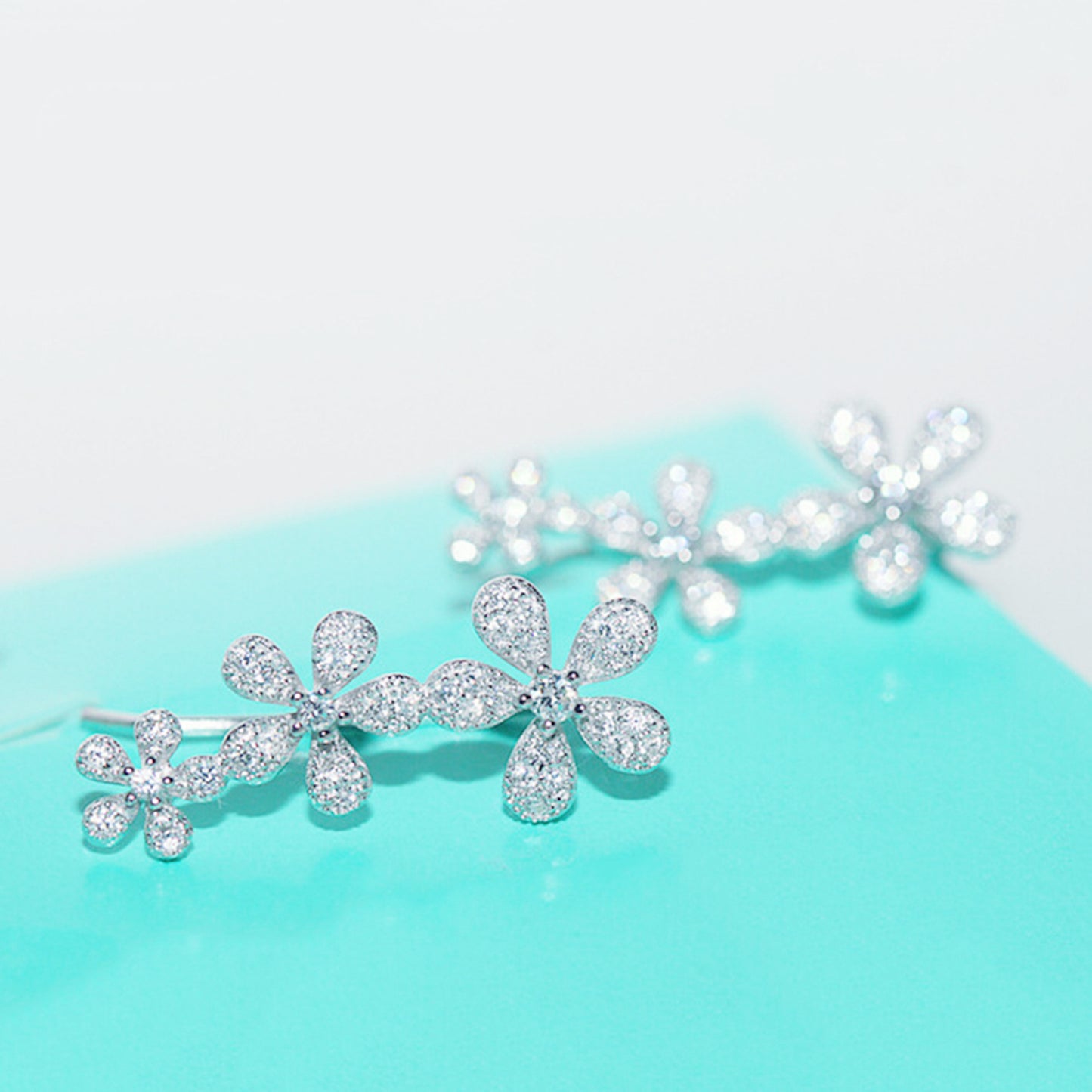 925 Sterling Silver Cuff Drop Earrings with Paved CZ Flowers