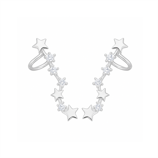 Sterling Silver CZ Celestial Stars Ear Pin Crawler Climber Earrings