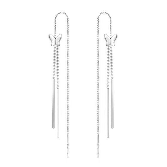 Sterling Silver Long Pull Through Threader Butterfly Bead Tassel Earrings