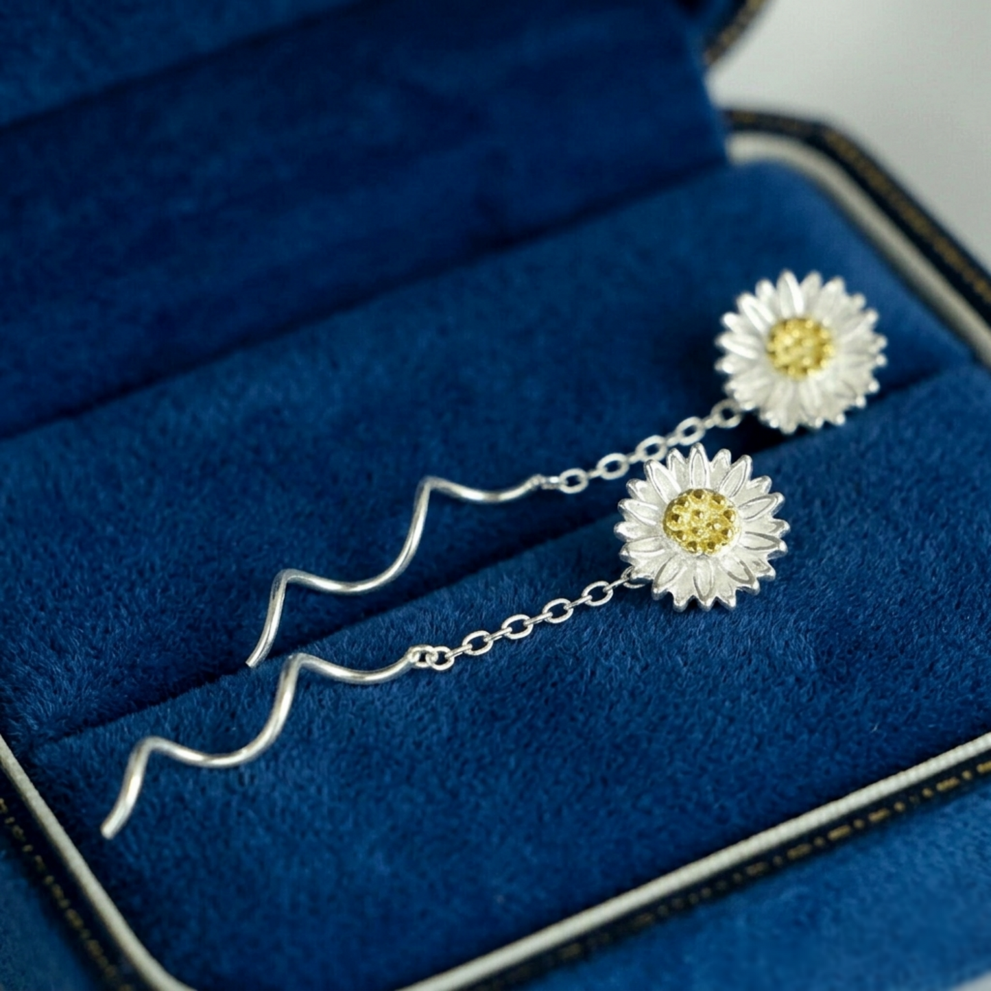 Sunflower wave threader earrings in blue box, wavy chain wires with yellow blooms