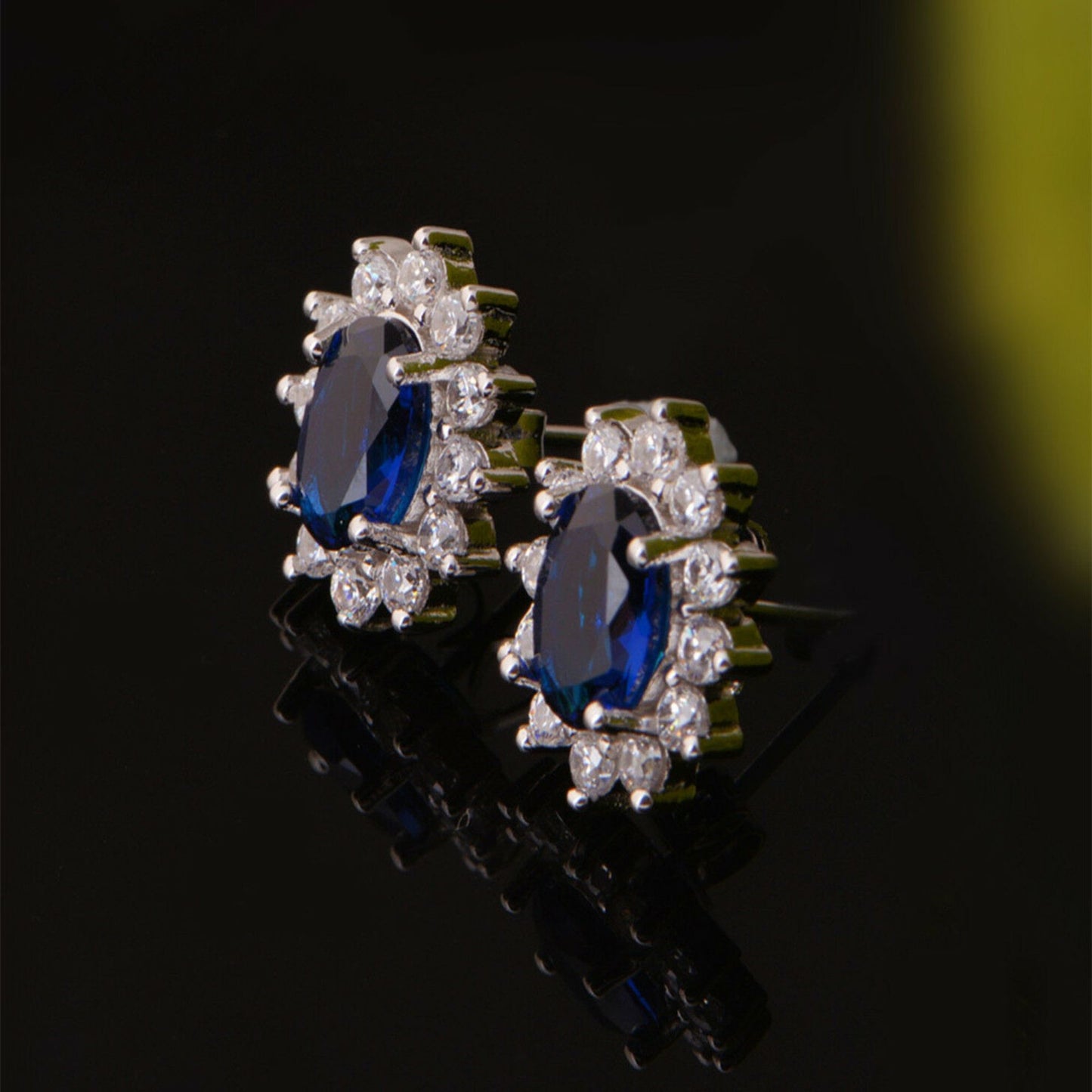 Unheated blue sapphire oval CZ Cluster studs sterling silver earring jewelry boxes - sugarkittenlondon