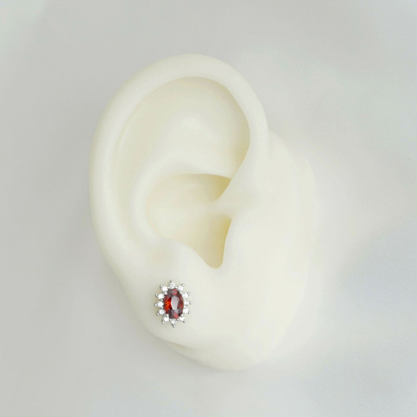 Ruby Halo CZ Red garnet yam Sterling silver earrings silver studs jewellery box - sugarkittenlondon