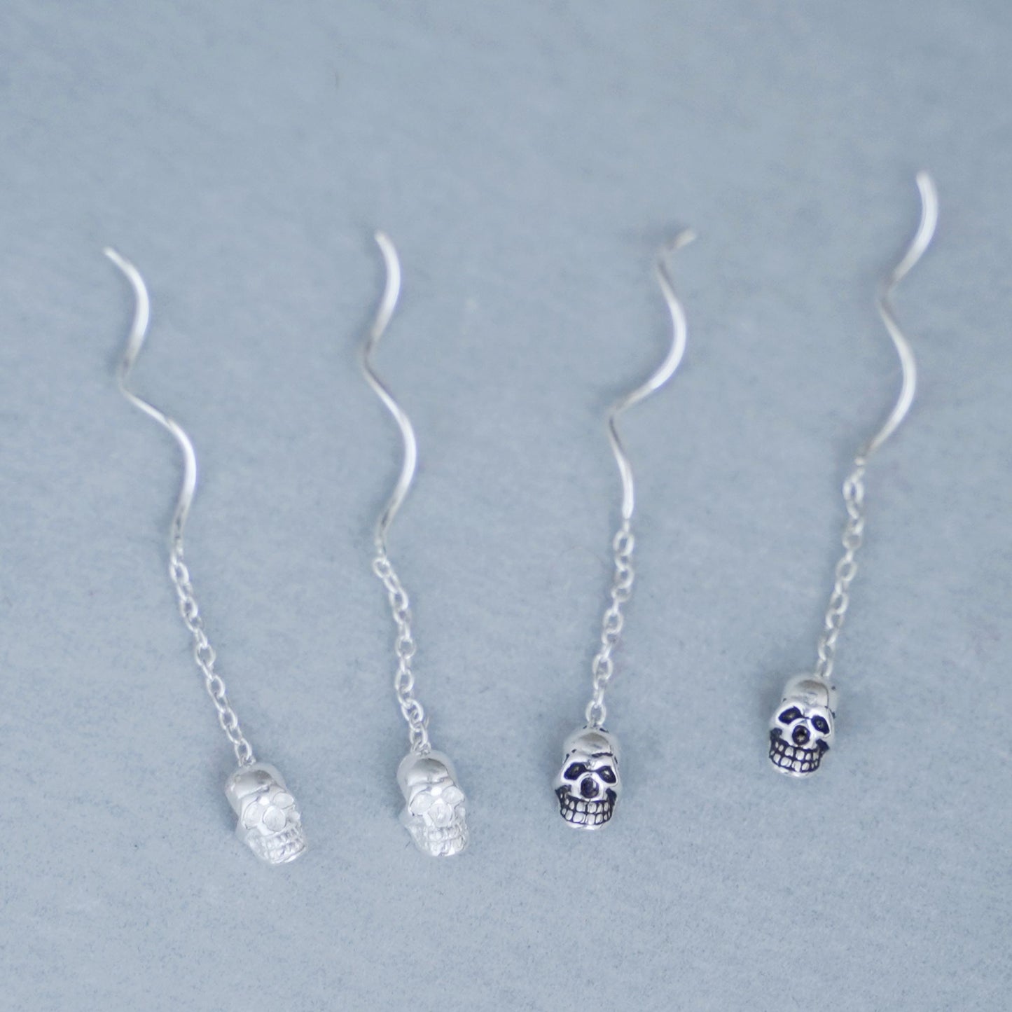 Sterling Silver Baby Skull Punk Gothic Pull Through Threader Dangle Earrings - sugarkittenlondon