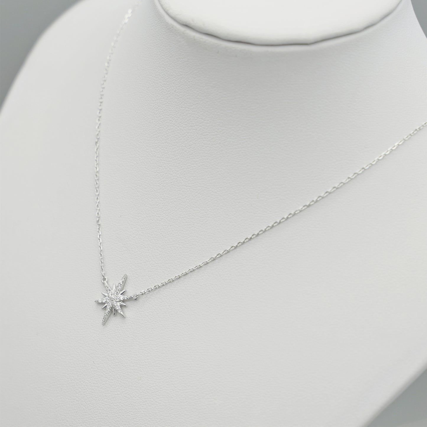 Rhodium on Sterling Silver Sunlight Star Sunburst Paved CZ Charm Necklace - sugarkittenlondon