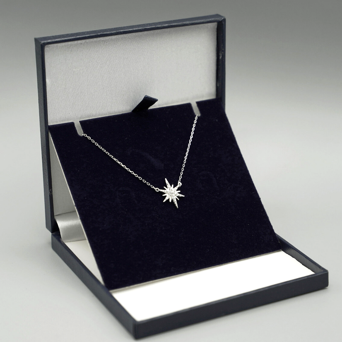 Rhodium on Sterling Silver Sunlight Star Sunburst Paved CZ Charm Necklace - sugarkittenlondon