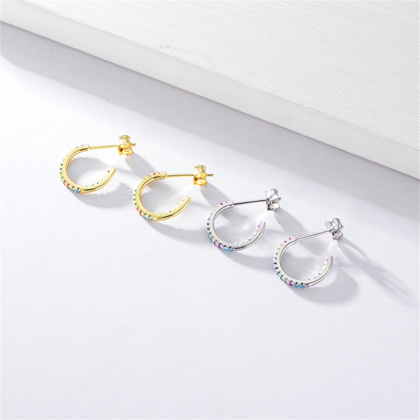 14K Gold Plated Sterling Silver Eternity Hoop Earrings with Rainbow CZ and Synthetic Turquoise