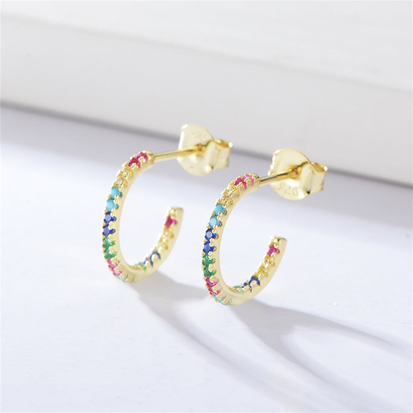 14K Gold Plated Sterling Silver Eternity Hoop Earrings with Rainbow CZ and Synthetic Turquoise