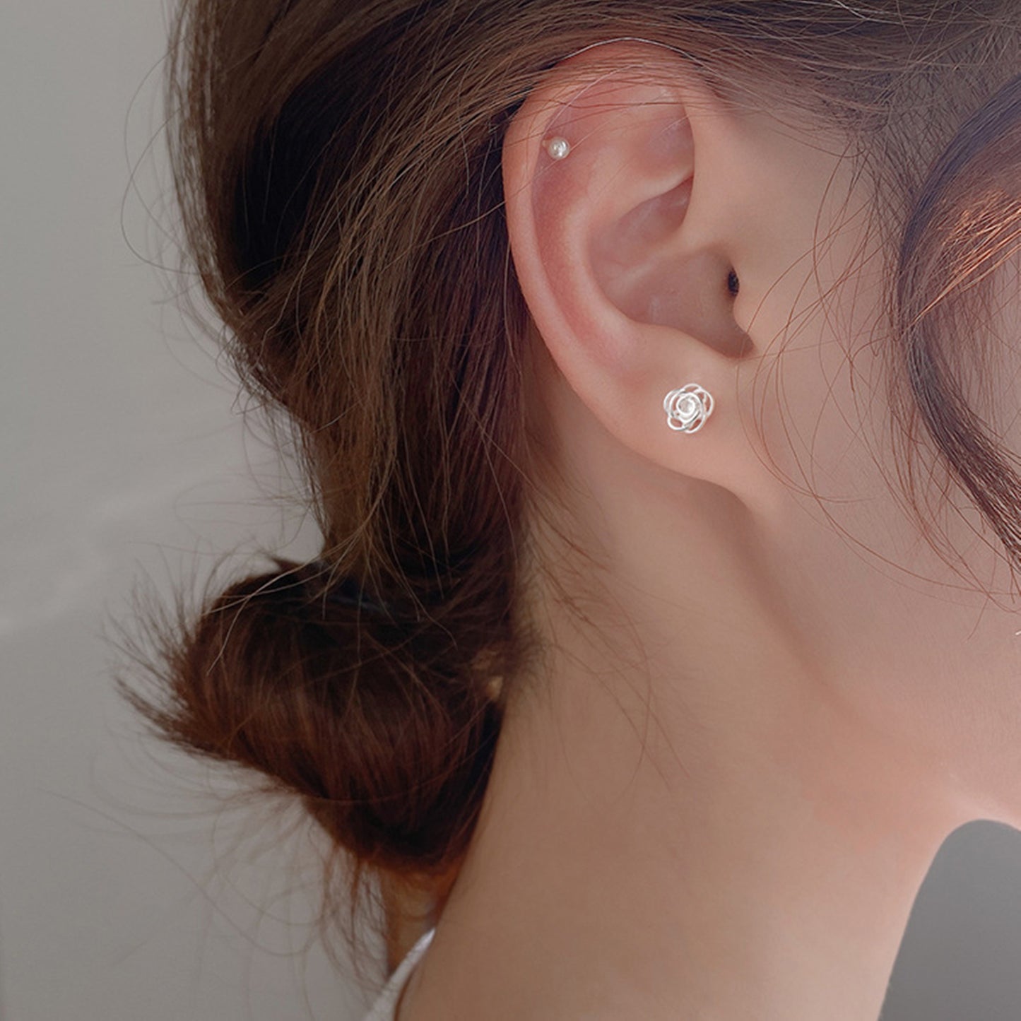 925 Sterling Silver Rose Flower 3D Hollow Stud Earrings with CZ - Gift Boxed