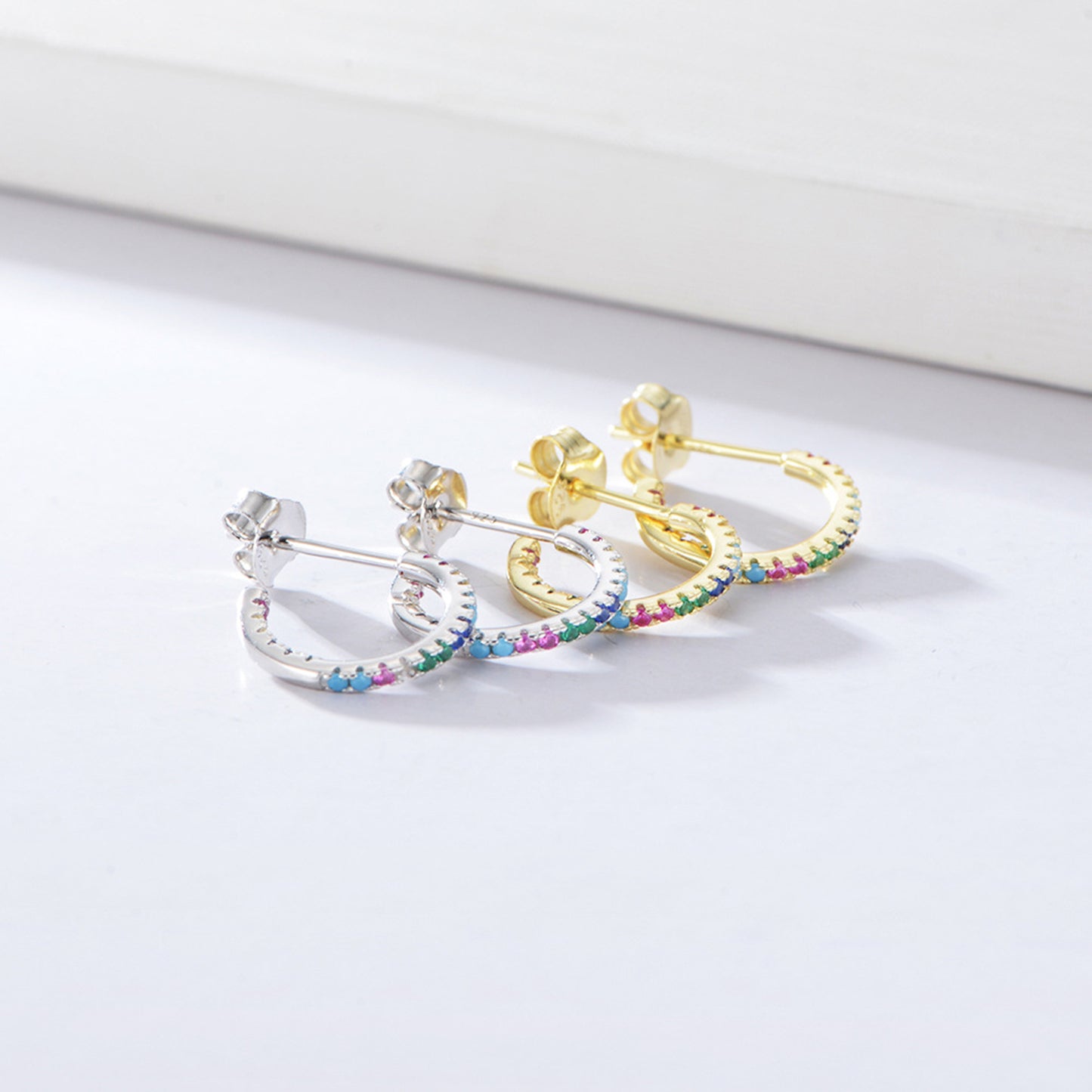 14K Gold Plated Sterling Silver Eternity Hoop Earrings with Rainbow CZ and Synthetic Turquoise