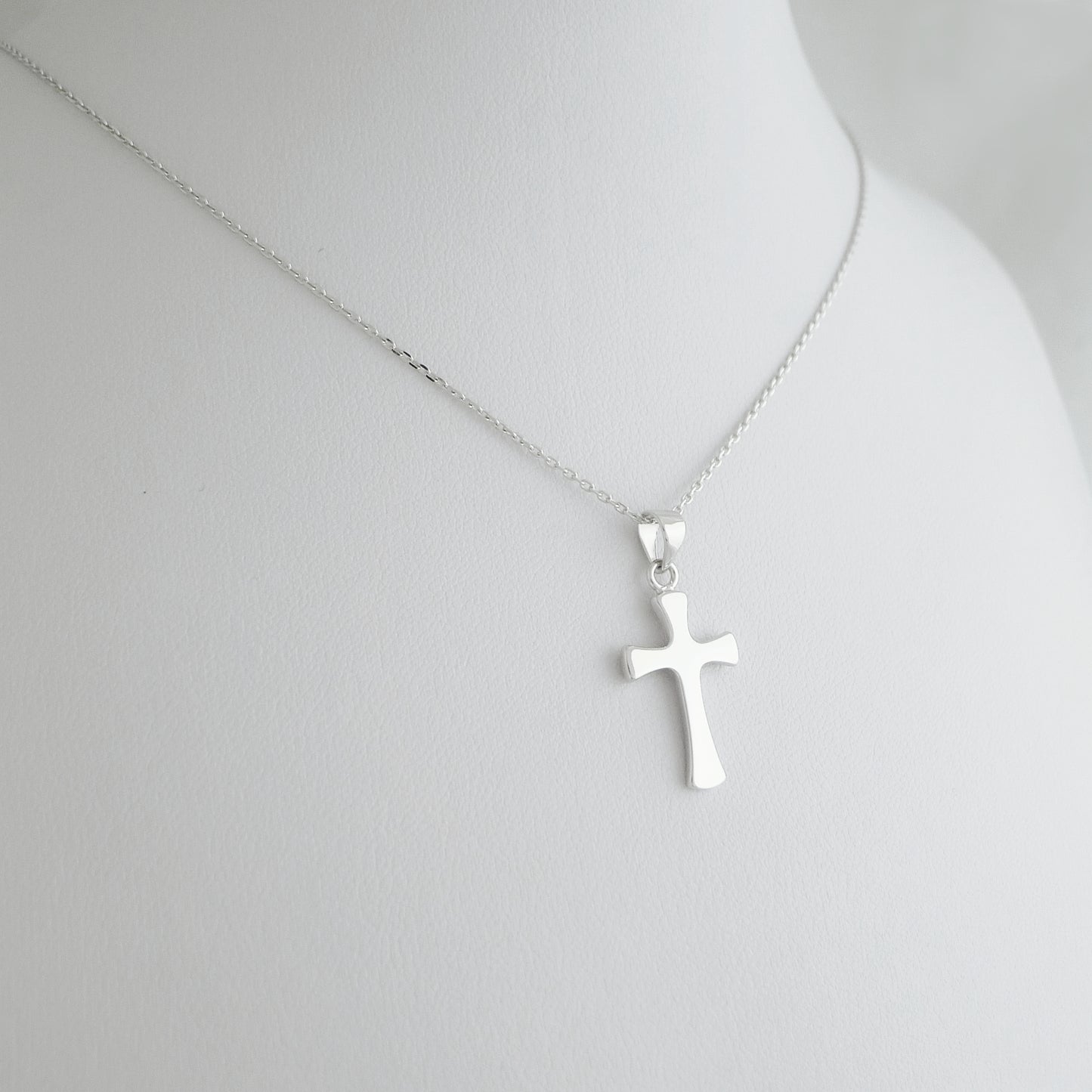 Sterling Silver Plain Shiny Polished Rounded Flared Cross Pendant Necklace - sugarkittenlondon