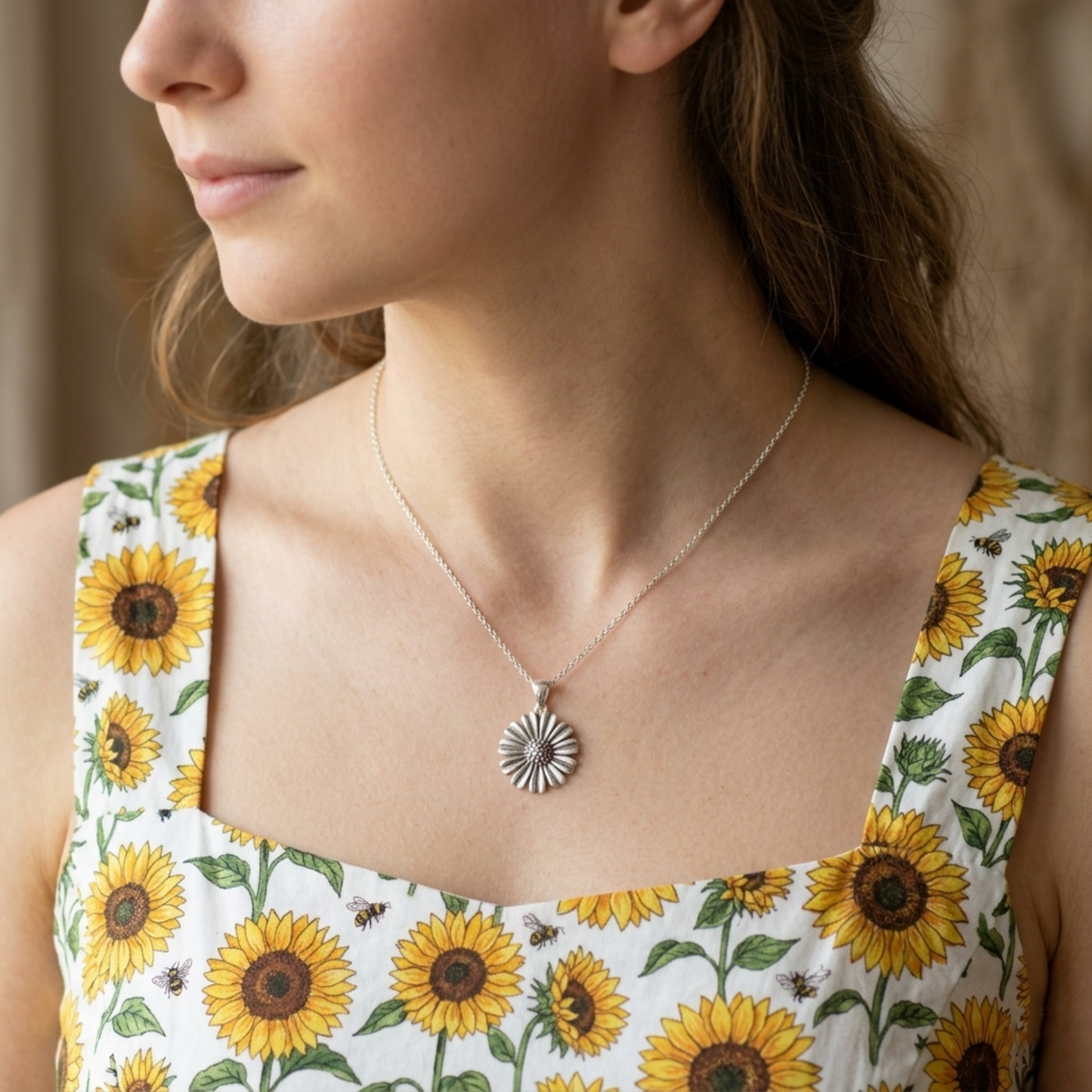Daisy pendant necklace worn on the neck, silver-tone ridged petals and dots