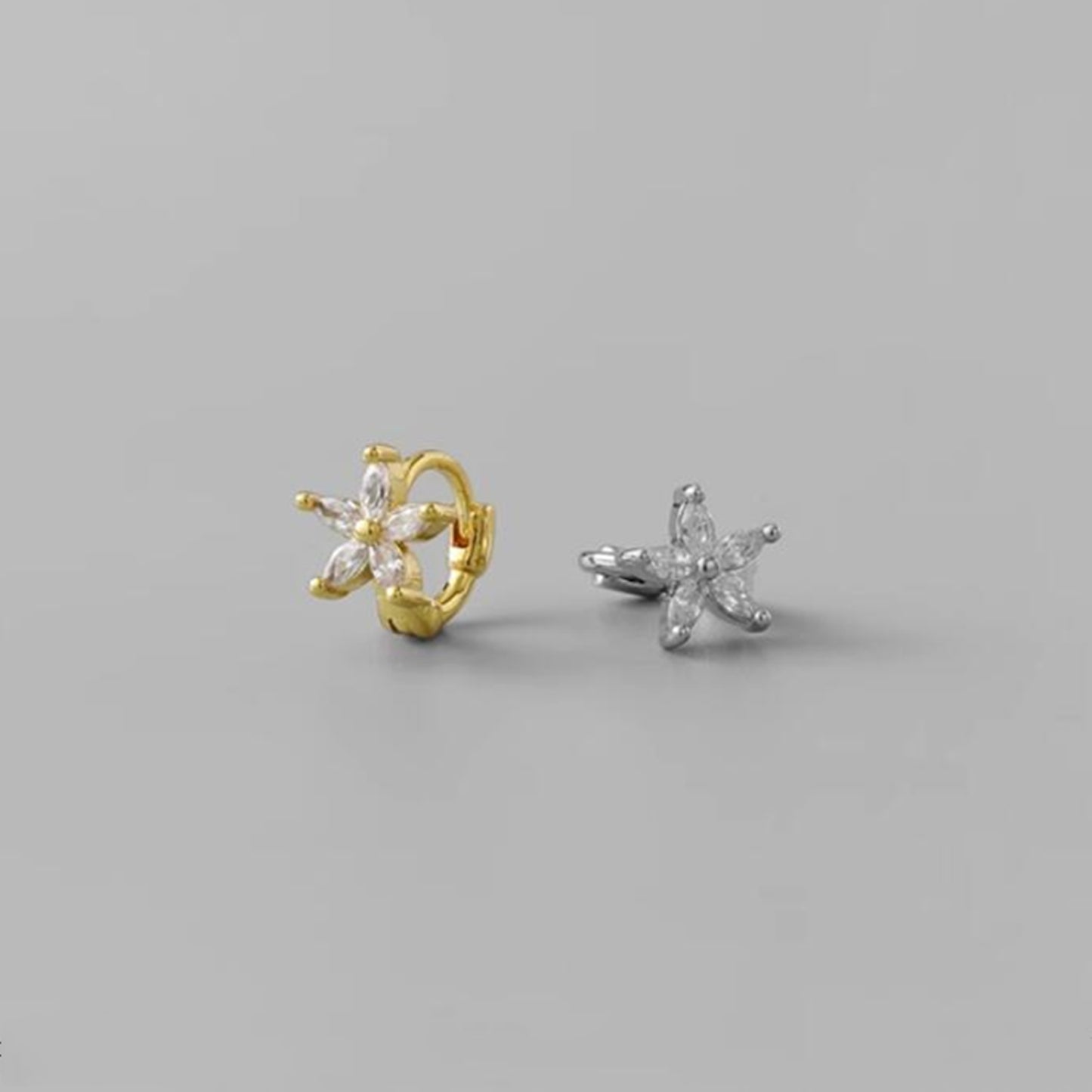 925 Sterling Silver Flower Huggie Hoop Earrings with CZ Accents 2 Tones