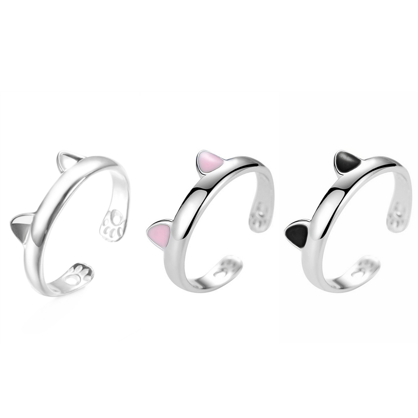 Sterling Silver Pink Black Glazed Kitten Ear Cat Paw Hug Ring Open Band Sizable - sugarkittenlondon
