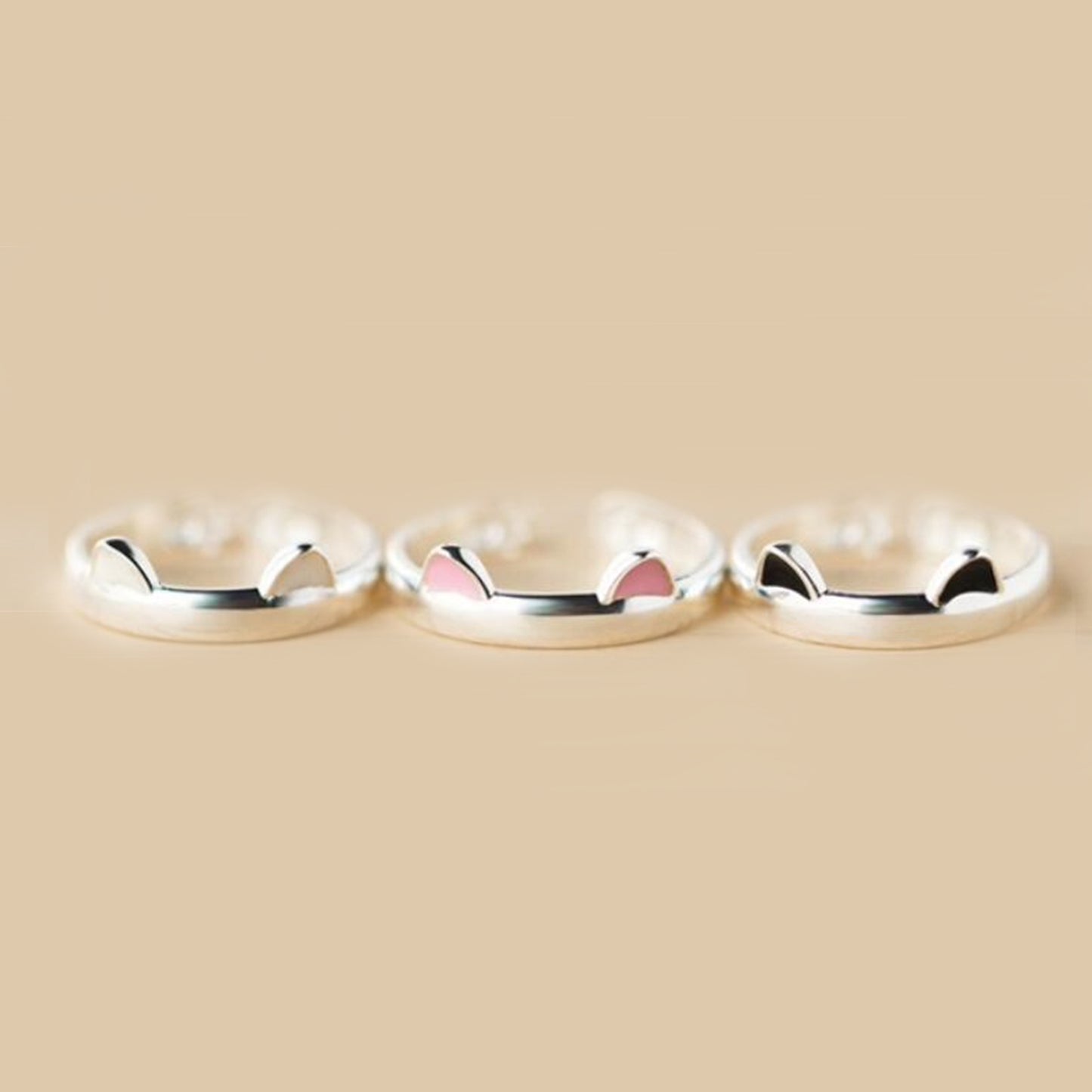Sterling Silver Pink Black Glazed Kitten Ear Cat Paw Hug Ring Open Band Sizable - sugarkittenlondon