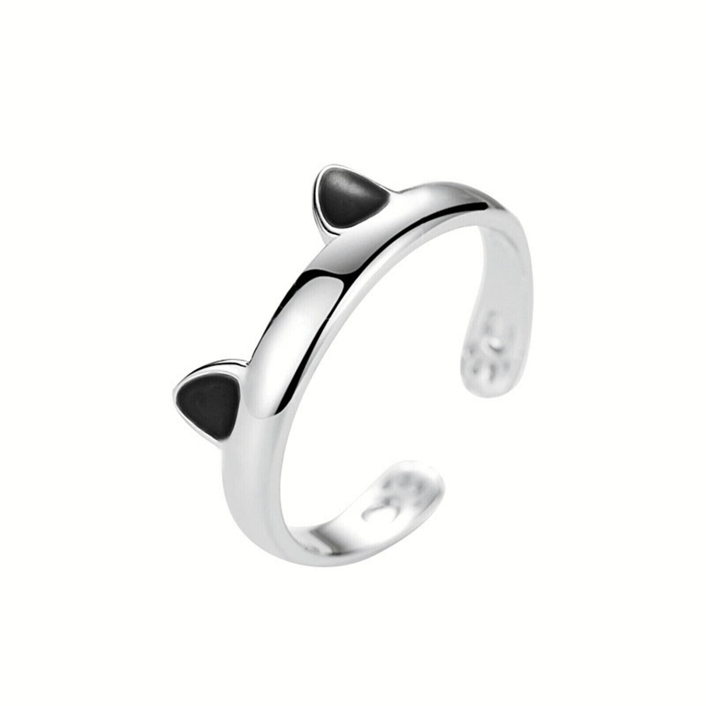 Sterling Silver Pink Black Glazed Kitten Ear Cat Paw Hug Ring Open Band Sizable - sugarkittenlondon