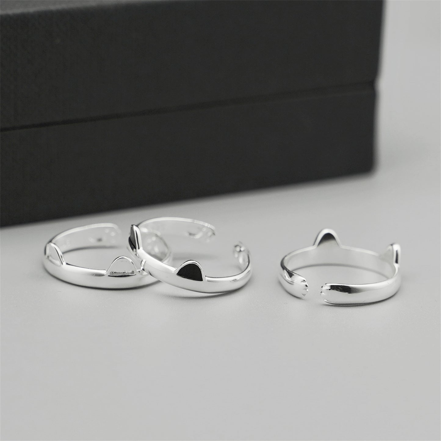 Sterling Silver Pink Black Glazed Kitten Ear Cat Paw Hug Ring Open Band Sizable - sugarkittenlondon