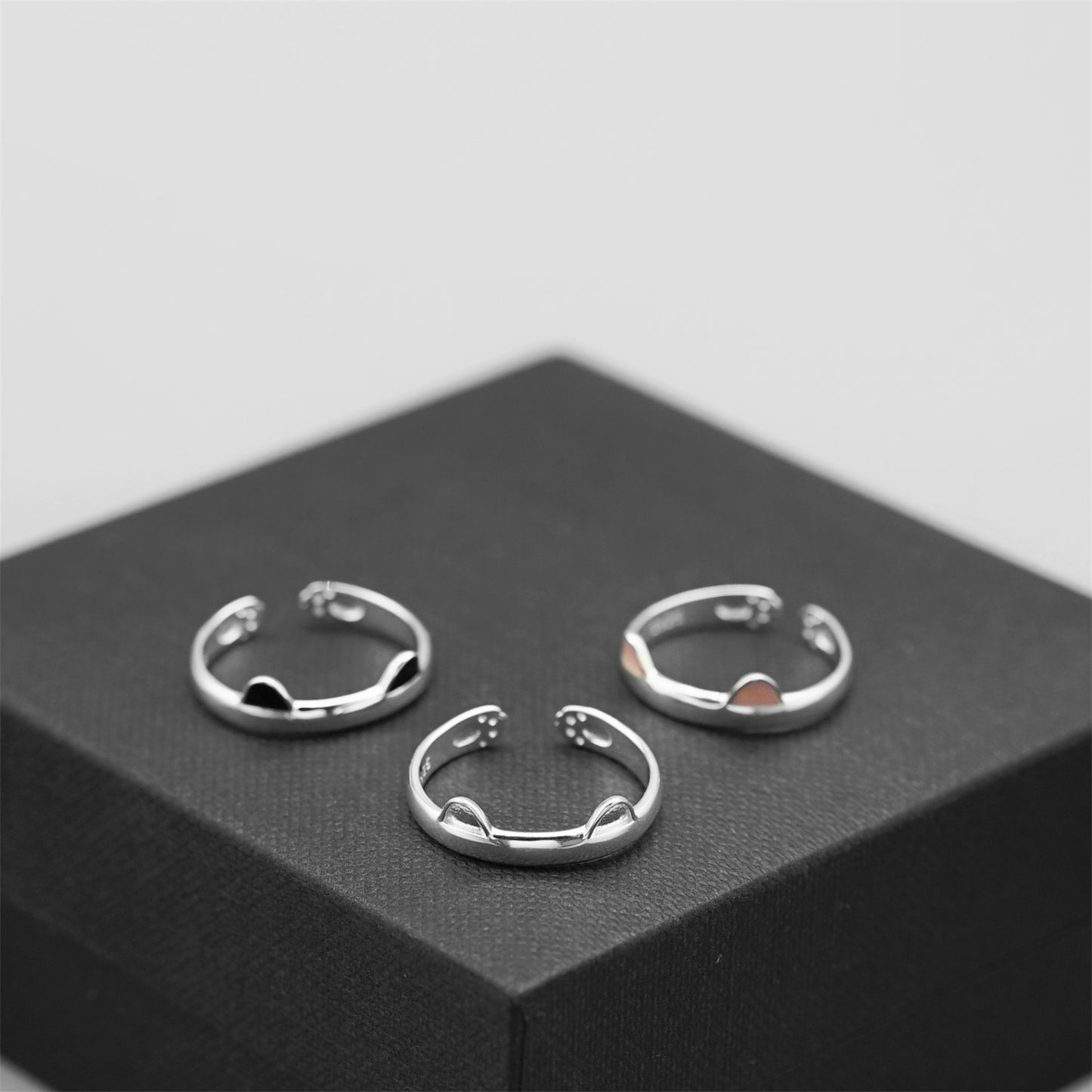 Sterling Silver Pink Black Glazed Kitten Ear Cat Paw Hug Ring Open Band Sizable - sugarkittenlondon