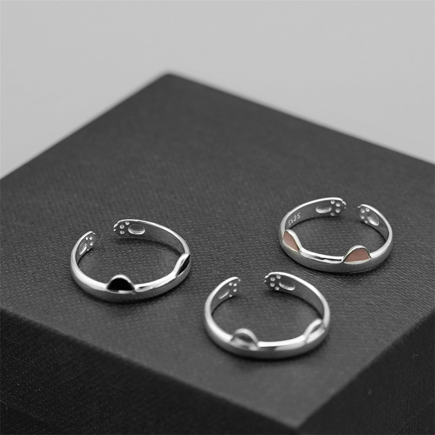 Sterling Silver Pink Black Glazed Kitten Ear Cat Paw Hug Ring Open Band Sizable - sugarkittenlondon
