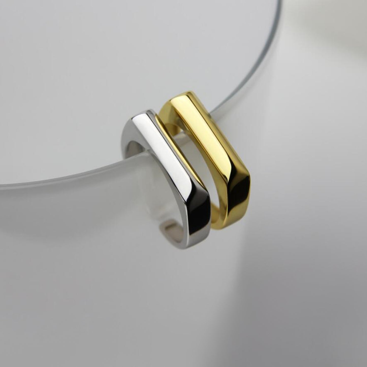 Sterling Silver Open Band Signet Ring with Polished Plain Pointy Square Design in 2 Tones