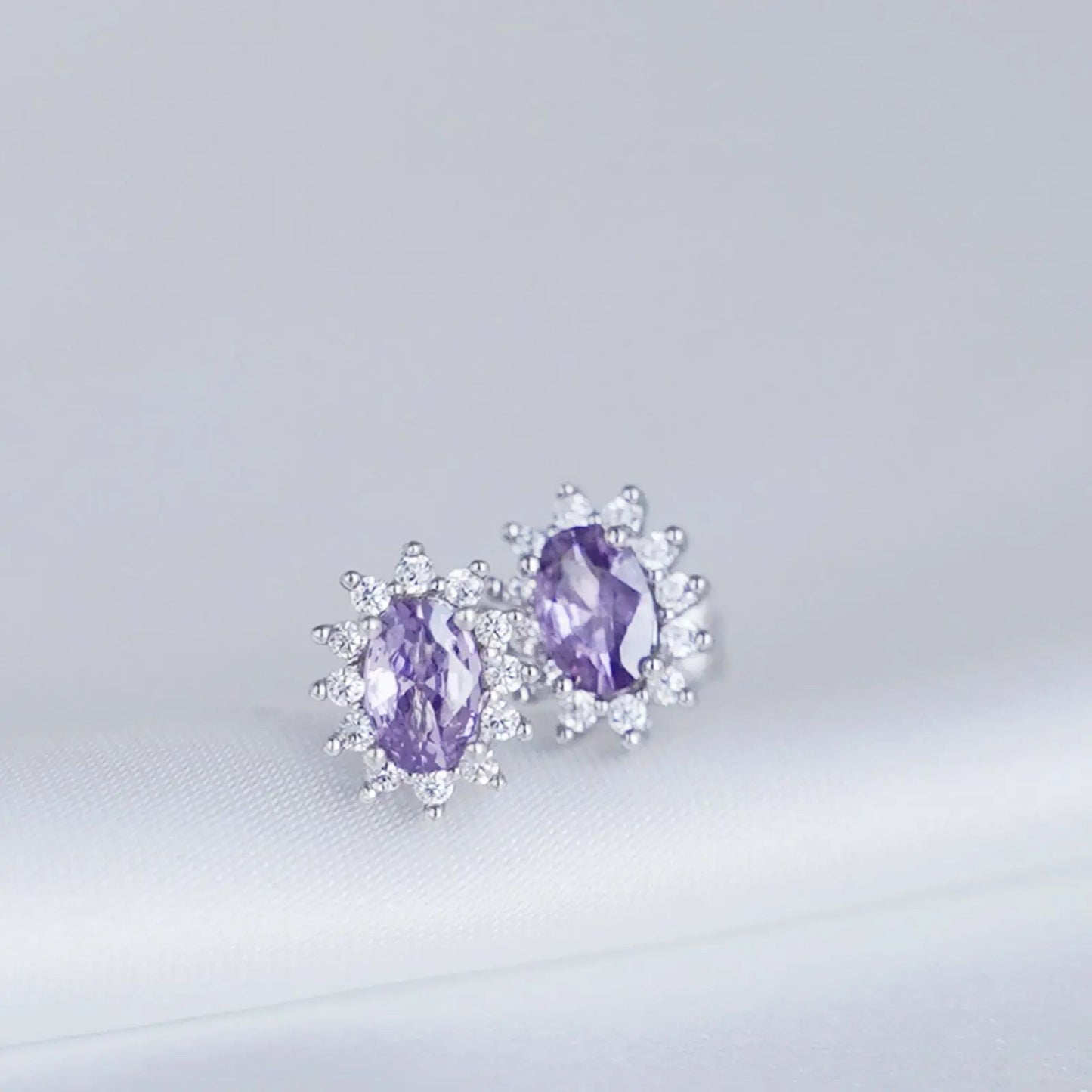Sterling Silver Amethyst Purple CZ Oval Cluster Stud Earring Jewellery - sugarkittenlondon