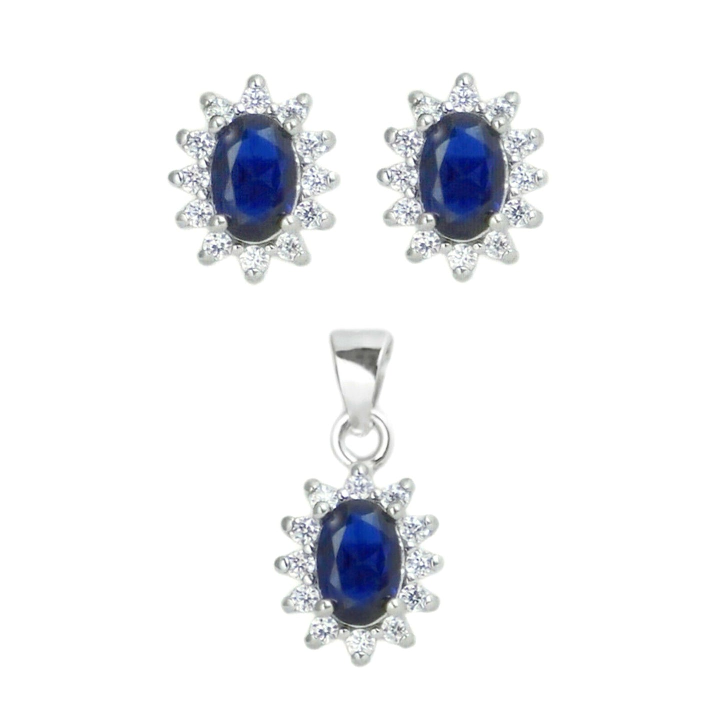 Unheated blue sapphire oval CZ Cluster studs sterling silver earring jewelry boxes - sugarkittenlondon