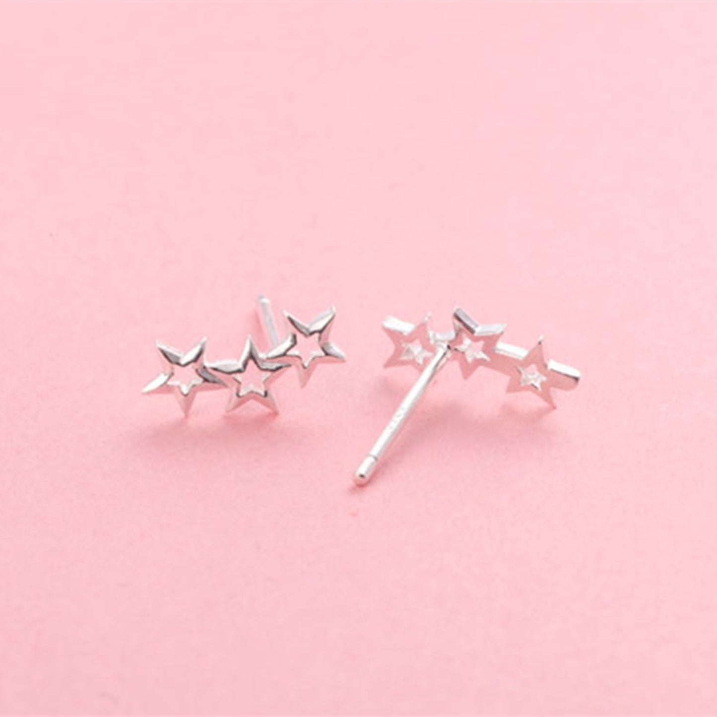 Sterling Silver Triple Hollow Lucky Stars Trinity Line Girls Stud Earrings Boxed
