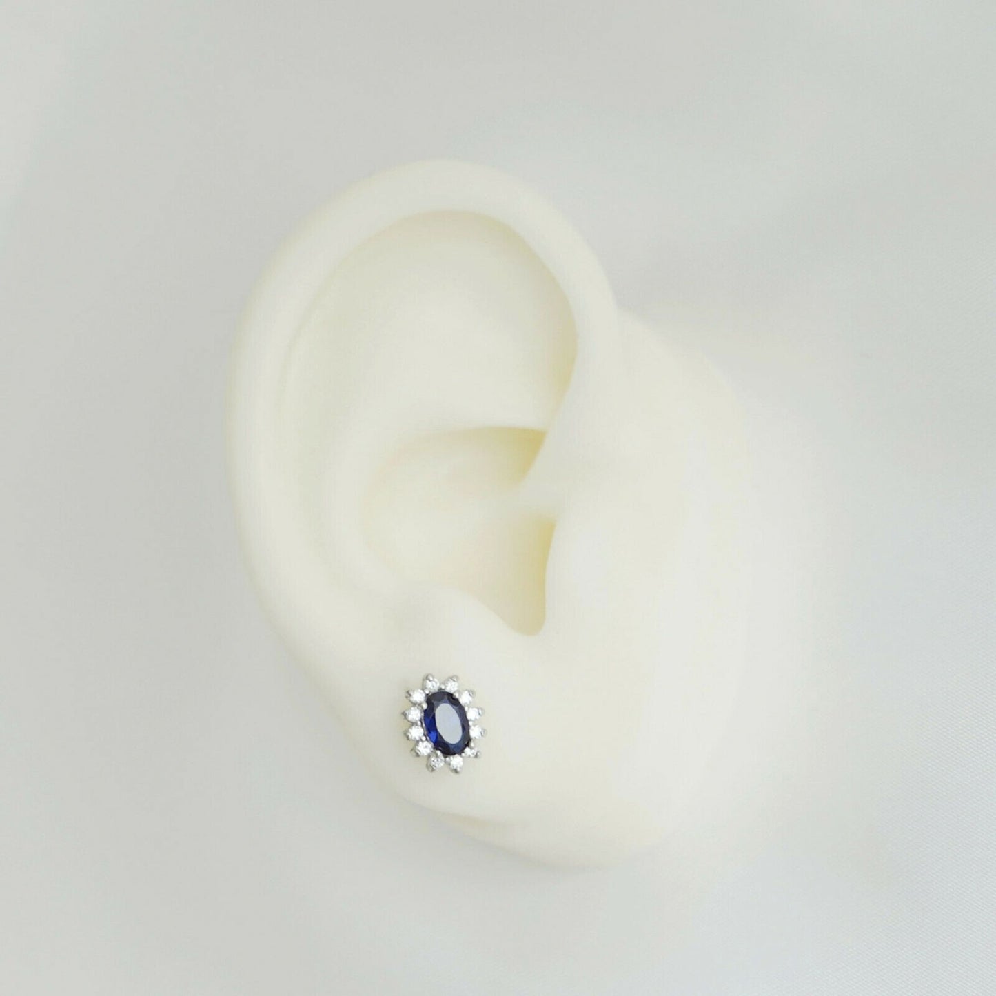Unheated blue sapphire oval CZ Cluster studs sterling silver earring jewelry boxes - sugarkittenlondon