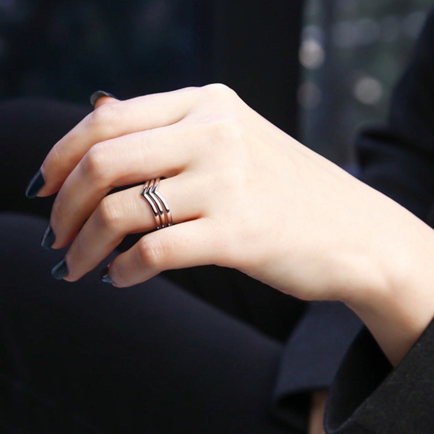 Sterling Silver Wishbone V Shaped Chevron Stack Sizable Band Ring - sugarkittenlondon