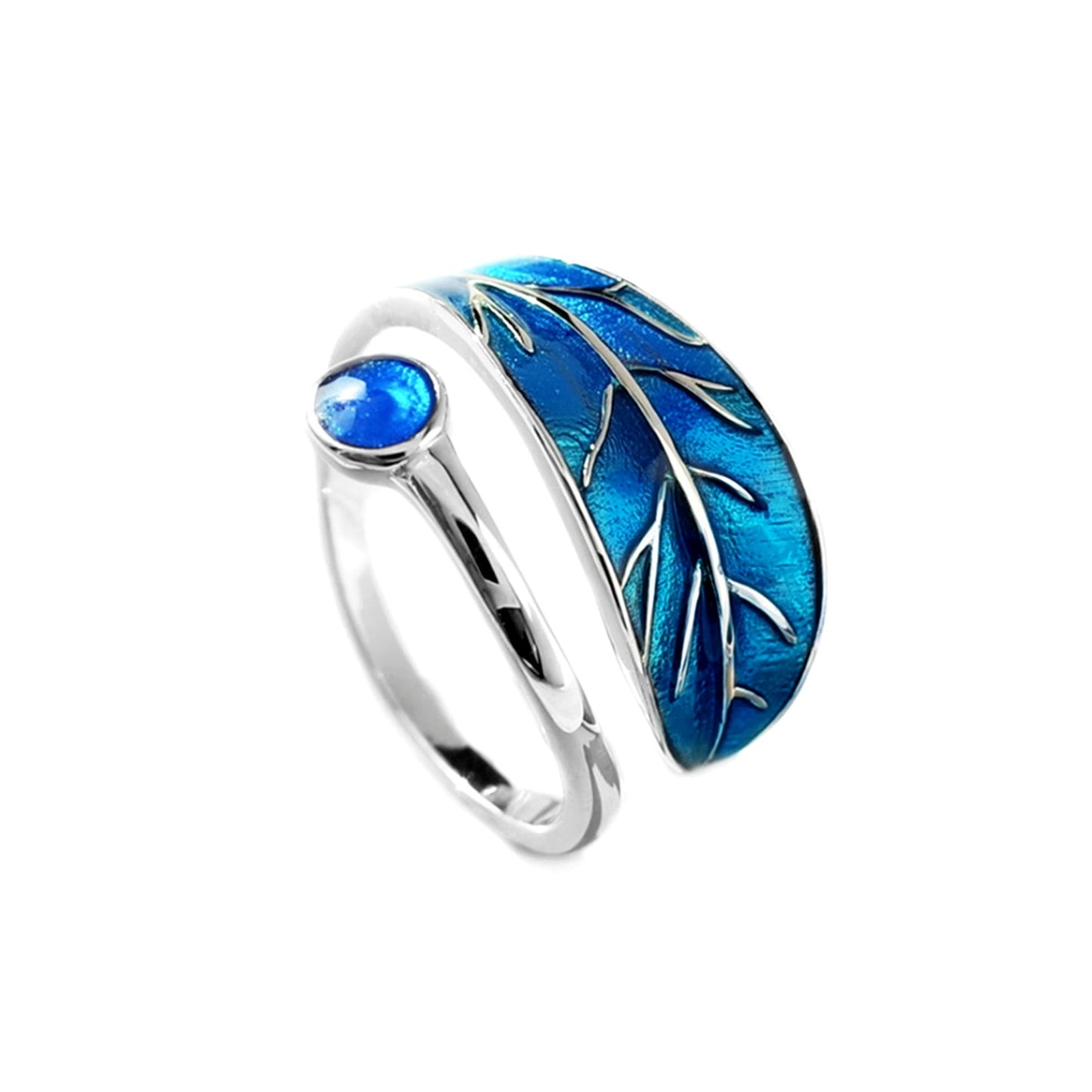 Sterling Silver Glazed Blue Tree Leaf Dot Wrap Open Band Ring - sugarkittenlondon