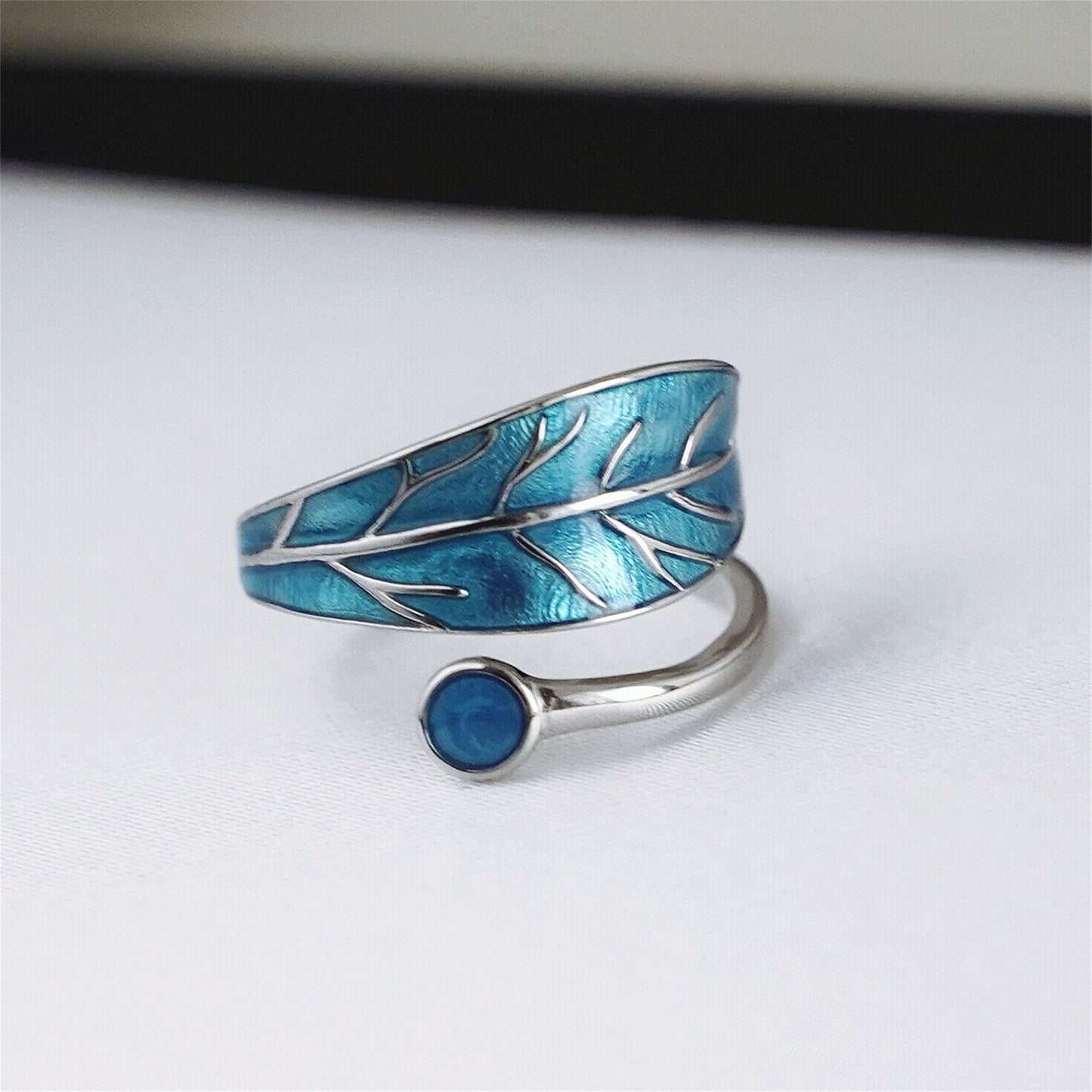 Sterling Silver Glazed Blue Tree Leaf Dot Wrap Open Band Ring - sugarkittenlondon