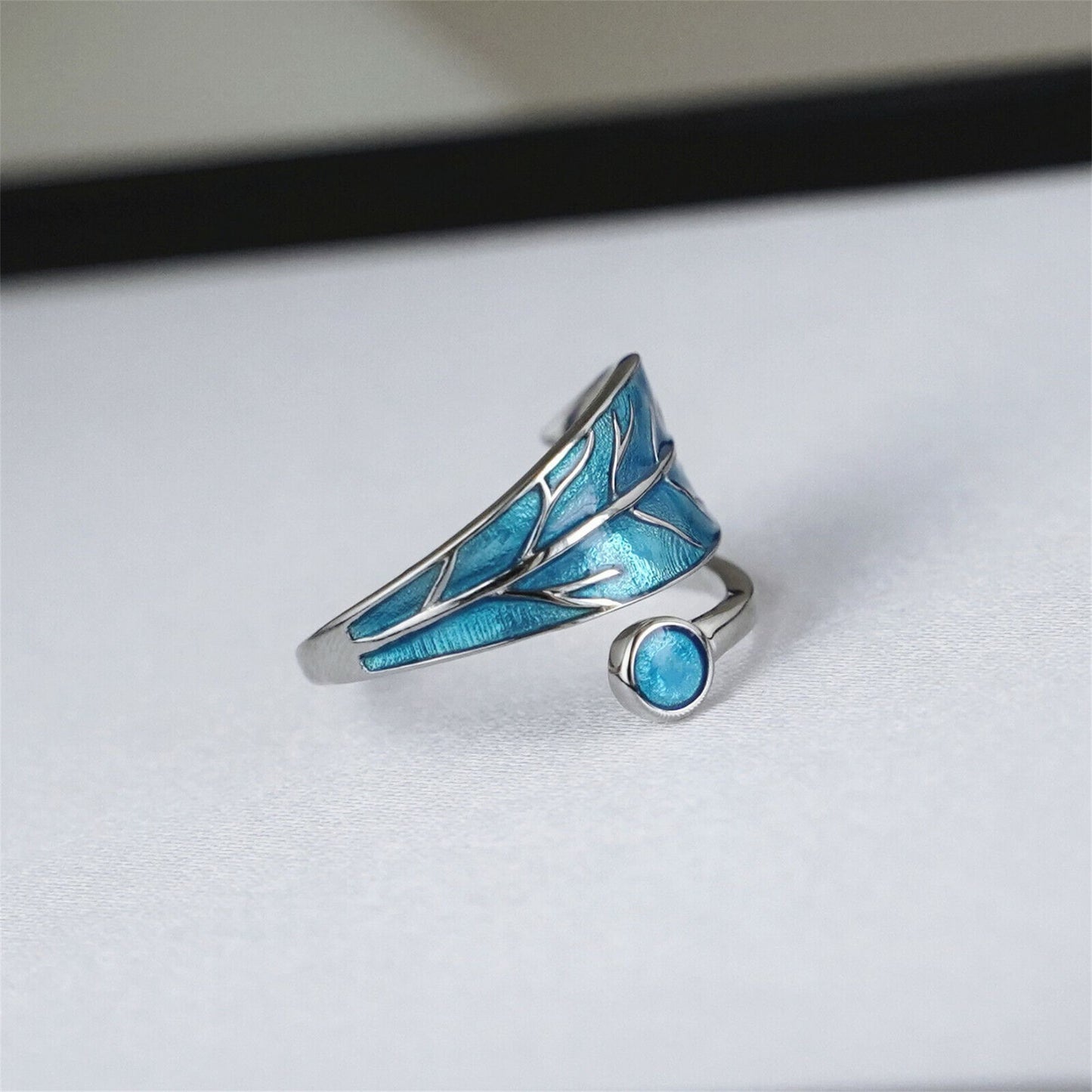 Sterling Silver Glazed Blue Tree Leaf Dot Wrap Open Band Ring - sugarkittenlondon