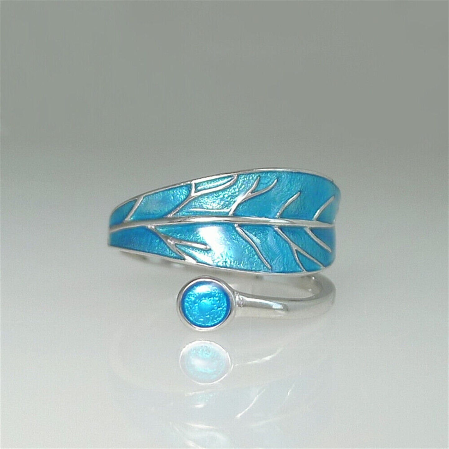 Sterling Silver Glazed Blue Tree Leaf Dot Wrap Open Band Ring - sugarkittenlondon