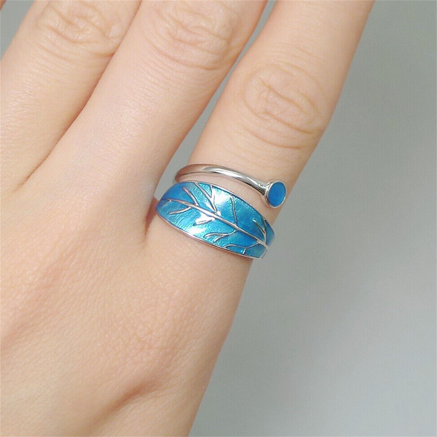 Sterling Silver Glazed Blue Tree Leaf Dot Wrap Open Band Ring - sugarkittenlondon