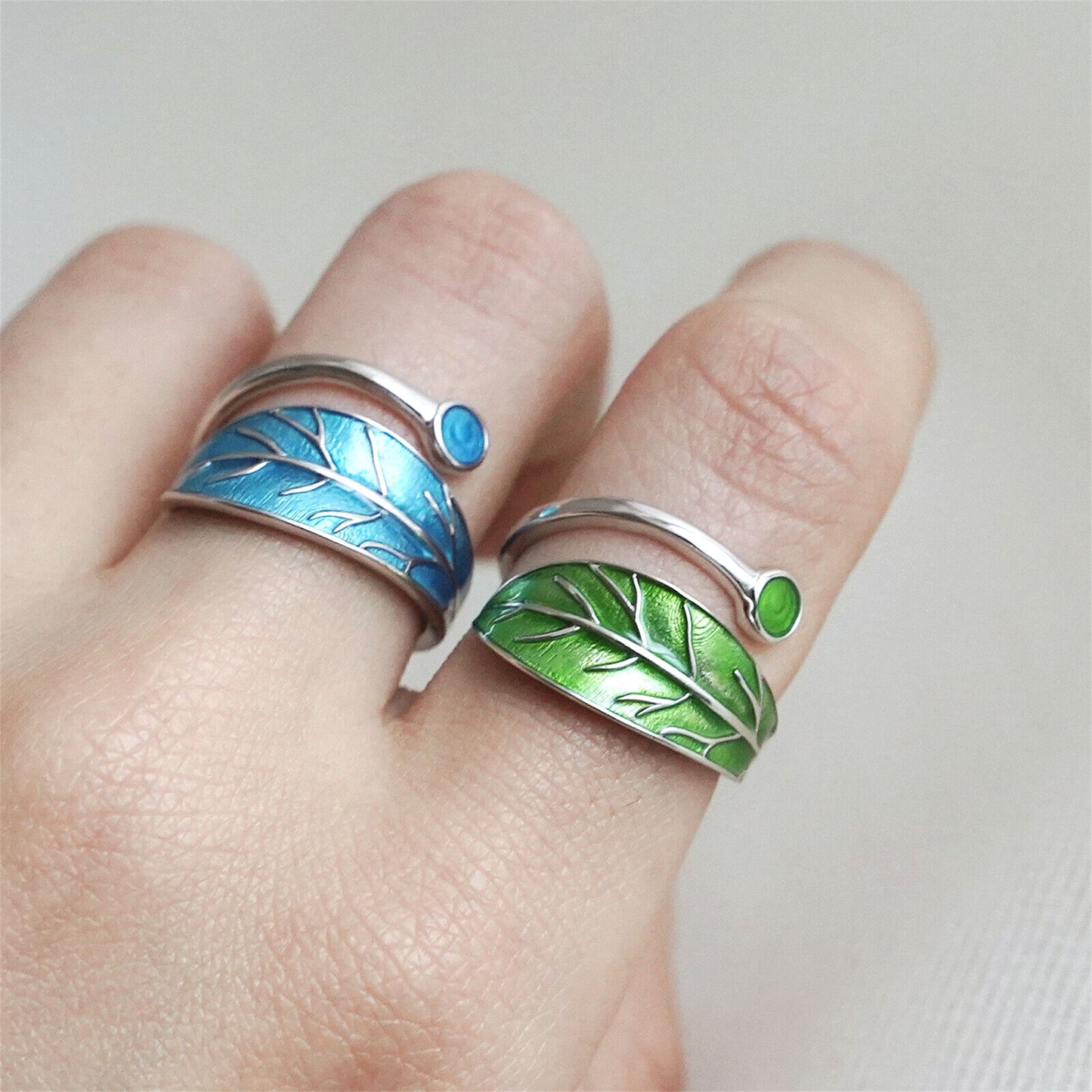 Sterling Silver Glazed Blue Tree Leaf Dot Wrap Open Band Ring - sugarkittenlondon