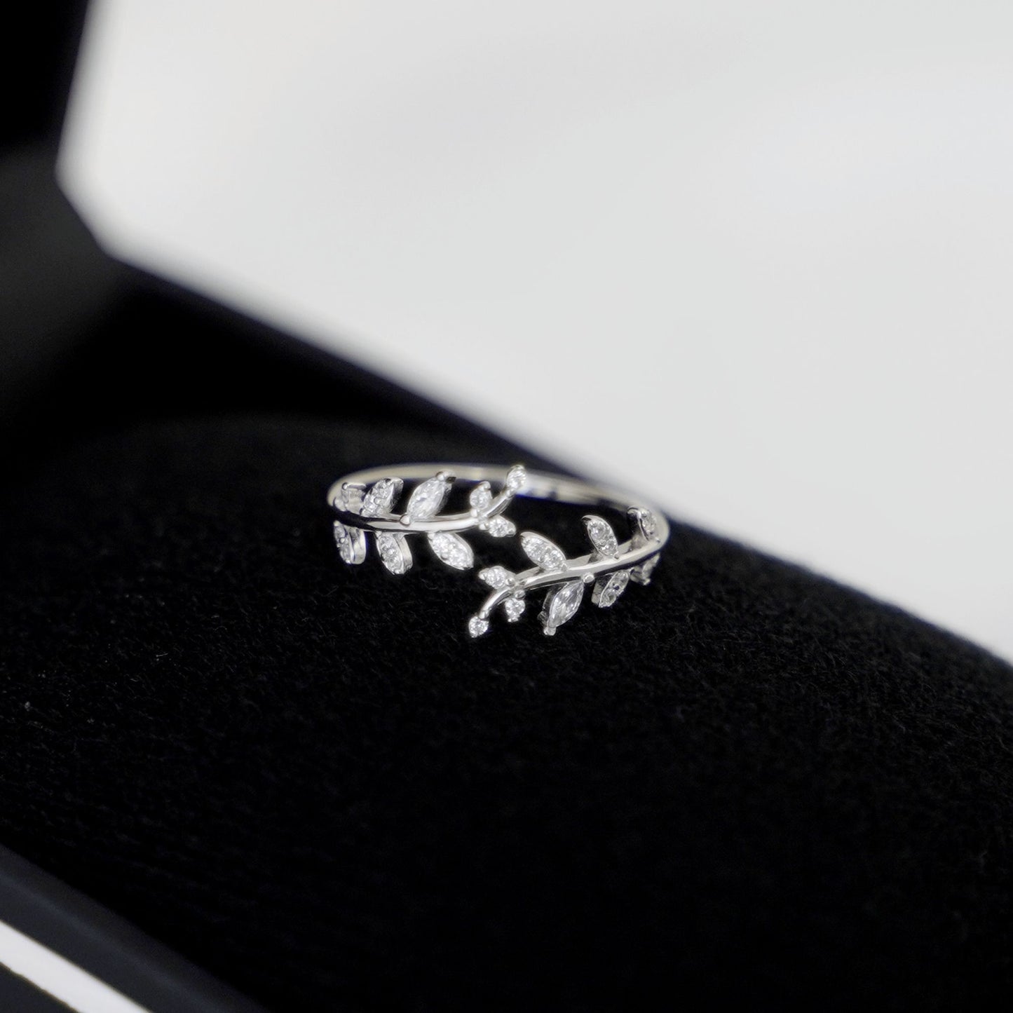 Rhodium on Sterling Silver Sparkling Crystal CZ Leaf Feather Bridal Wrap Ring - sugarkittenlondon
