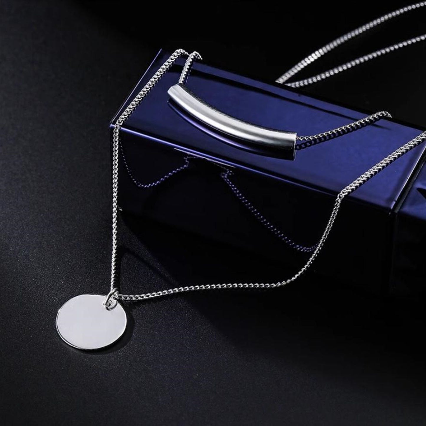 Sterling Silver Double Layer Disc Dot Pebble Charm Tube Curb Chain Necklace - sugarkittenlondon
