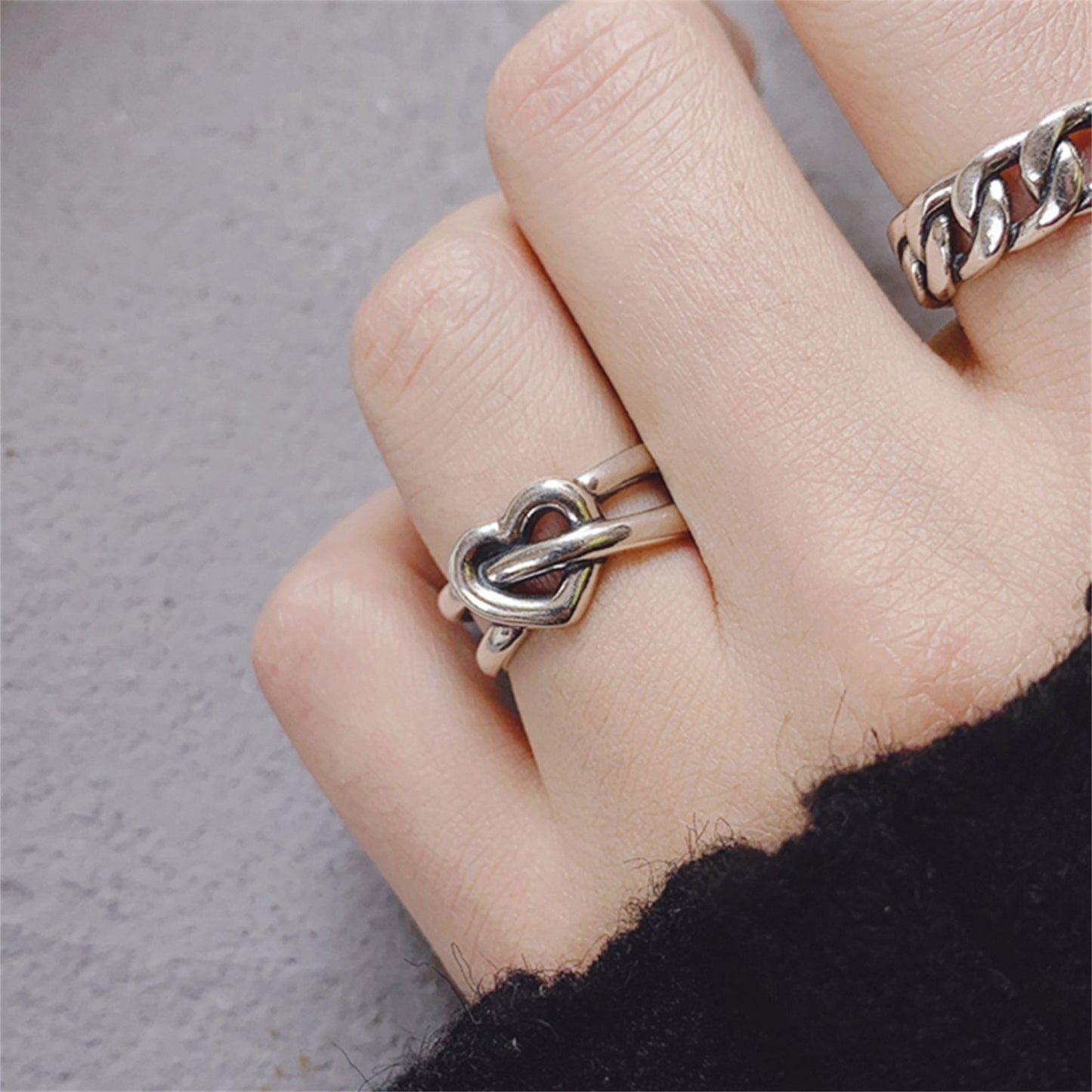 Sterling Silver Oxidized Chunky Love Knot Heart Double Wire Ring 5.8g Boxed - sugarkittenlondon