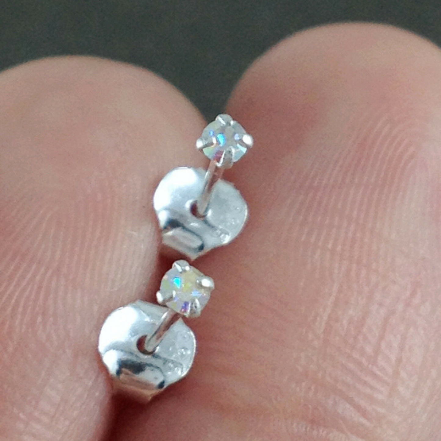 Sterling Silver Tiny 1.5mm CZ Clear Blue Black Red Opal Green Earrings - sugarkittenlondon