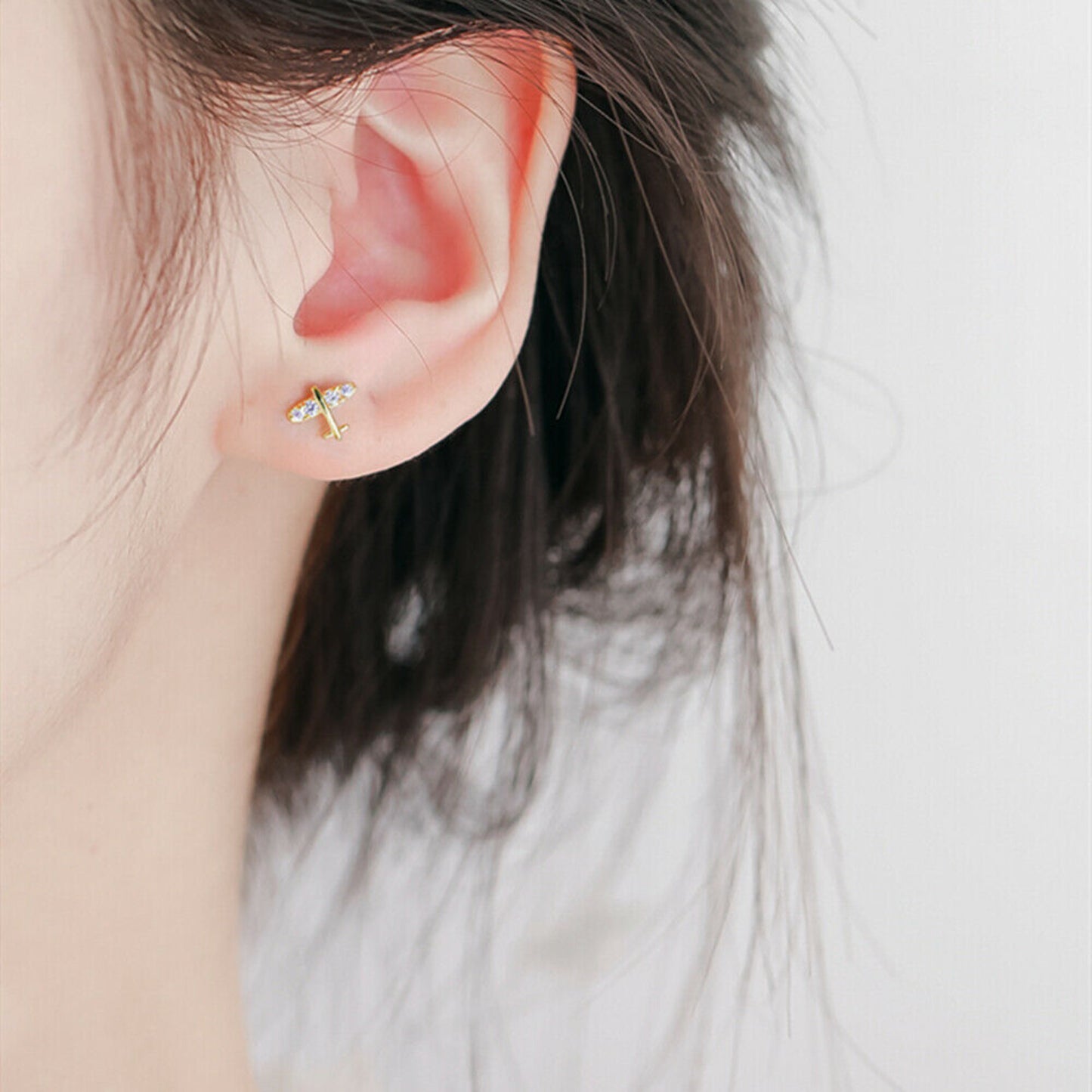 18K Gold on Sterling Silver Airplane CZ Stud Earrings