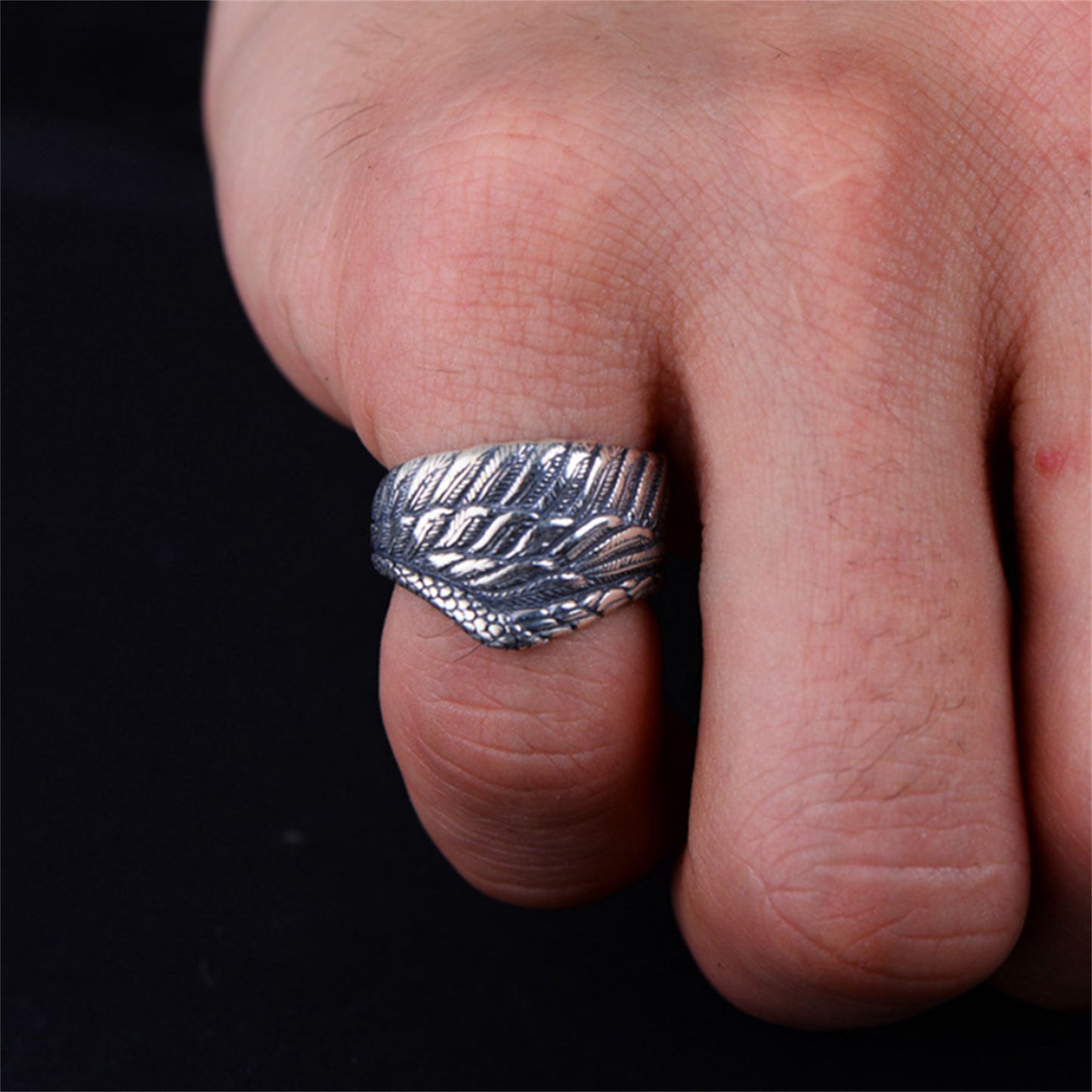 Sterling Sliver Oxidized Wide Wrap Feather Eagle Wing Leaf Open Band Ring - sugarkittenlondon