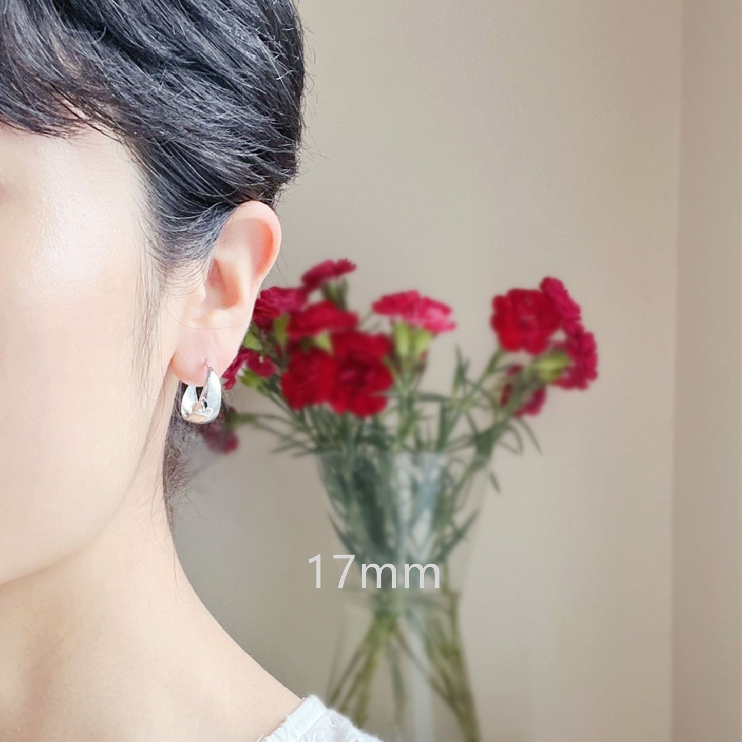 Rhodium-Plated Sterling Silver Wide Dome Sleeper Drop Hoop Huggie Earrings 16-18mm