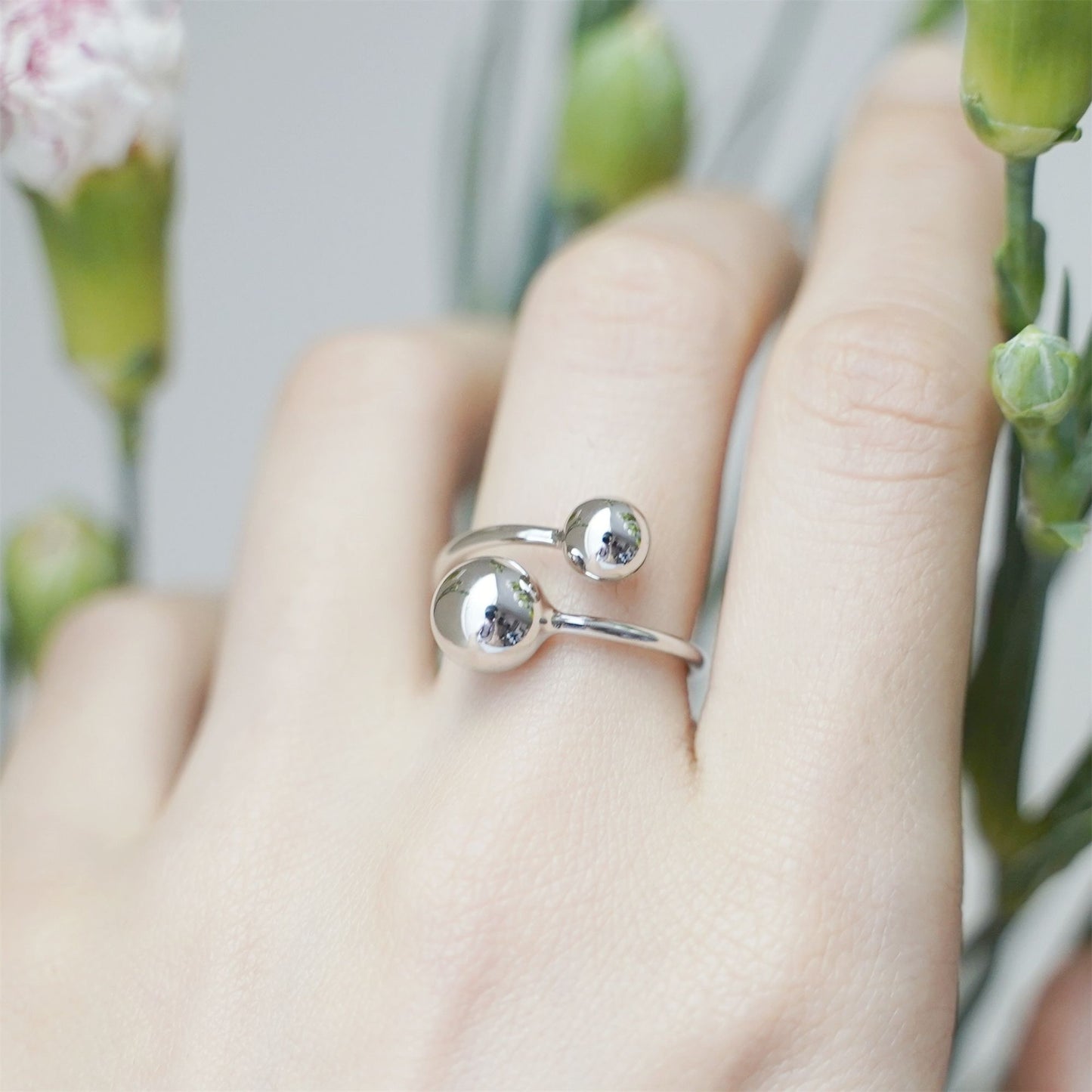 Sterling Silver Twist 5mm 6mm 8mm Ball Double Bead Wrap Ring Sizable UK L-P - sugarkittenlondon