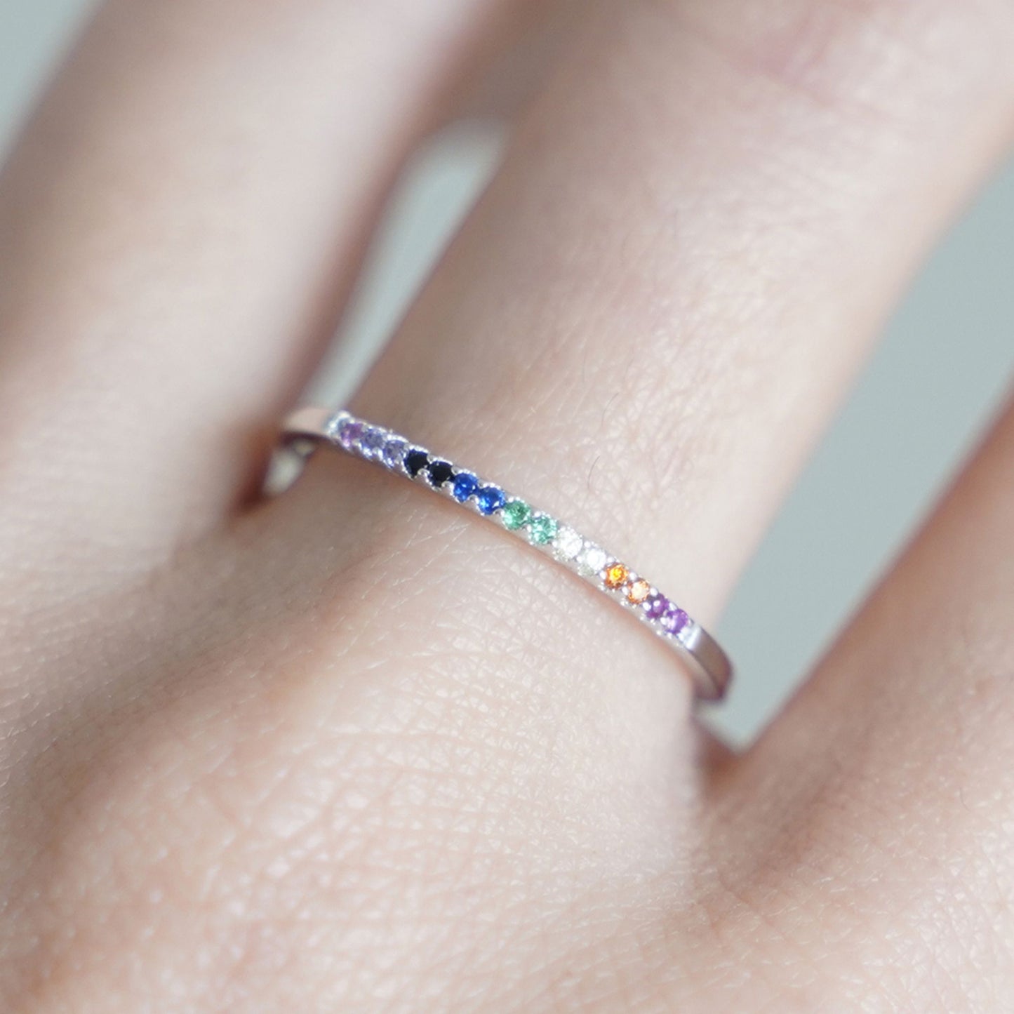 Sterling Silver Half Eternity Rainbow 1mm CZ Crystal Stacking Ring - sugarkittenlondon