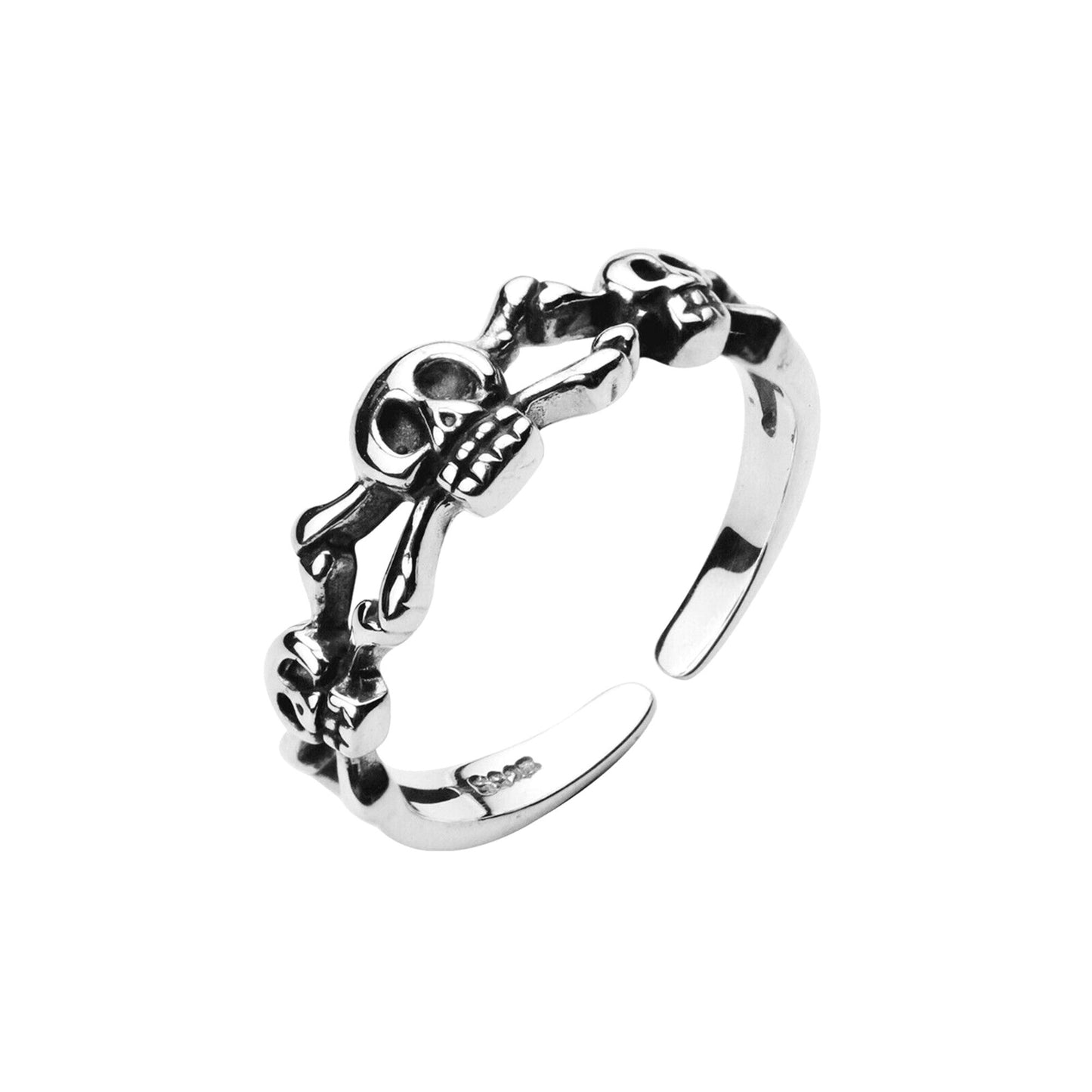 Sterling Silver Triple Skull Skeleton Crossbones Pirate Halloween Open Band Ring - sugarkittenlondon