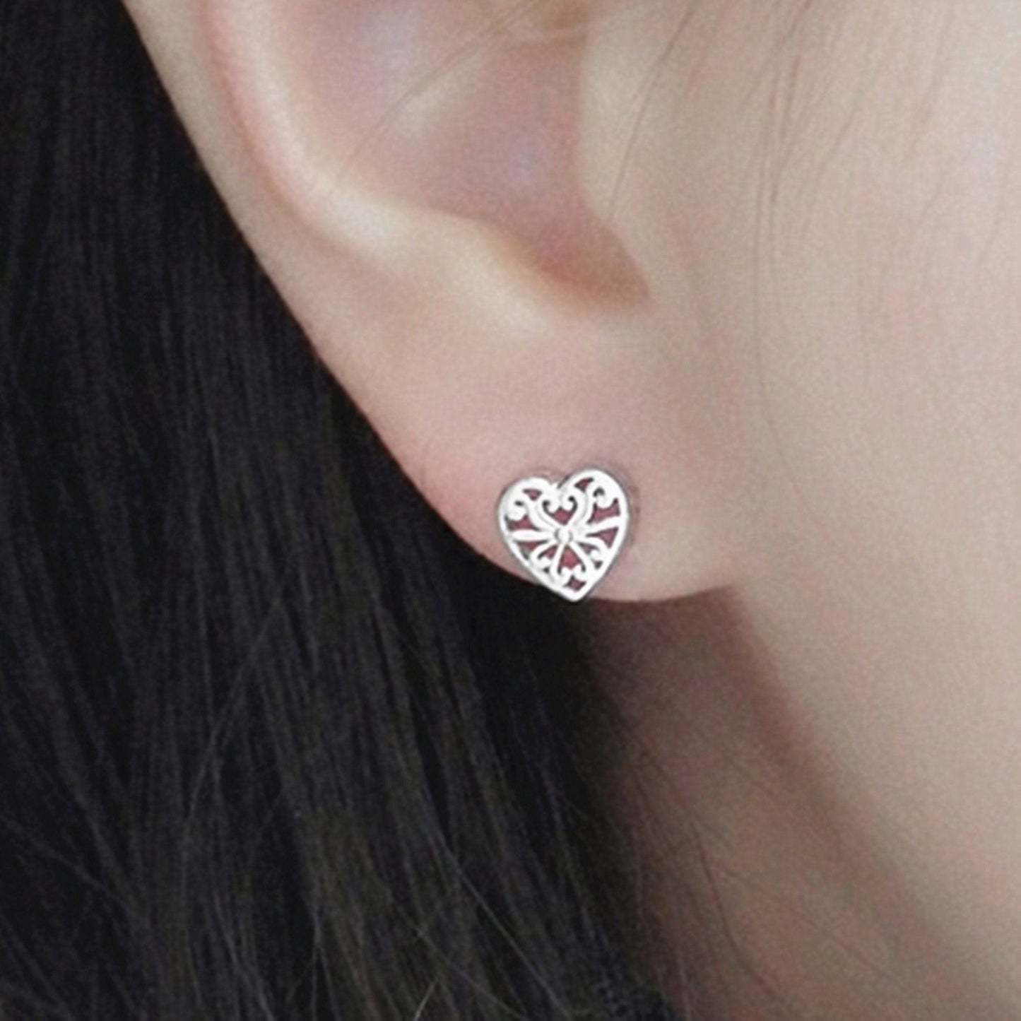 Rhodium on Sterling Silver Filigree Hollow Love Heart Love Box Stud Earrings - sugarkittenlondon