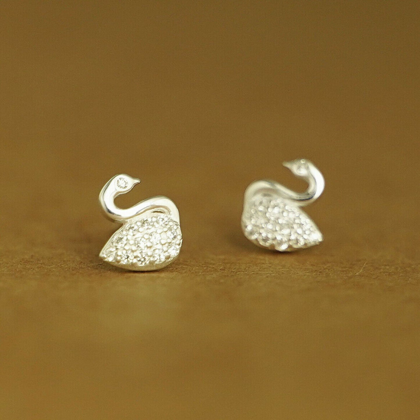 925 Sterling Silver Swan Stud Earrings with Paved CZ