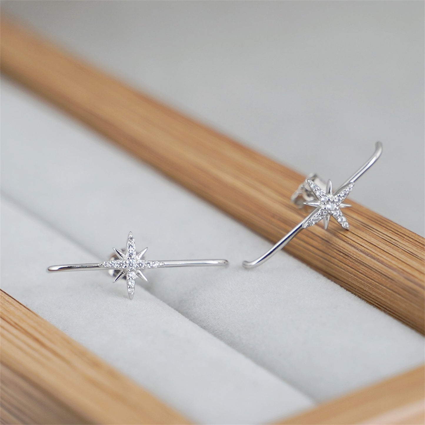 Sterling Silver 9mm North Pole Star Pave CZ Suspender Bar Cuff Stud Earrings