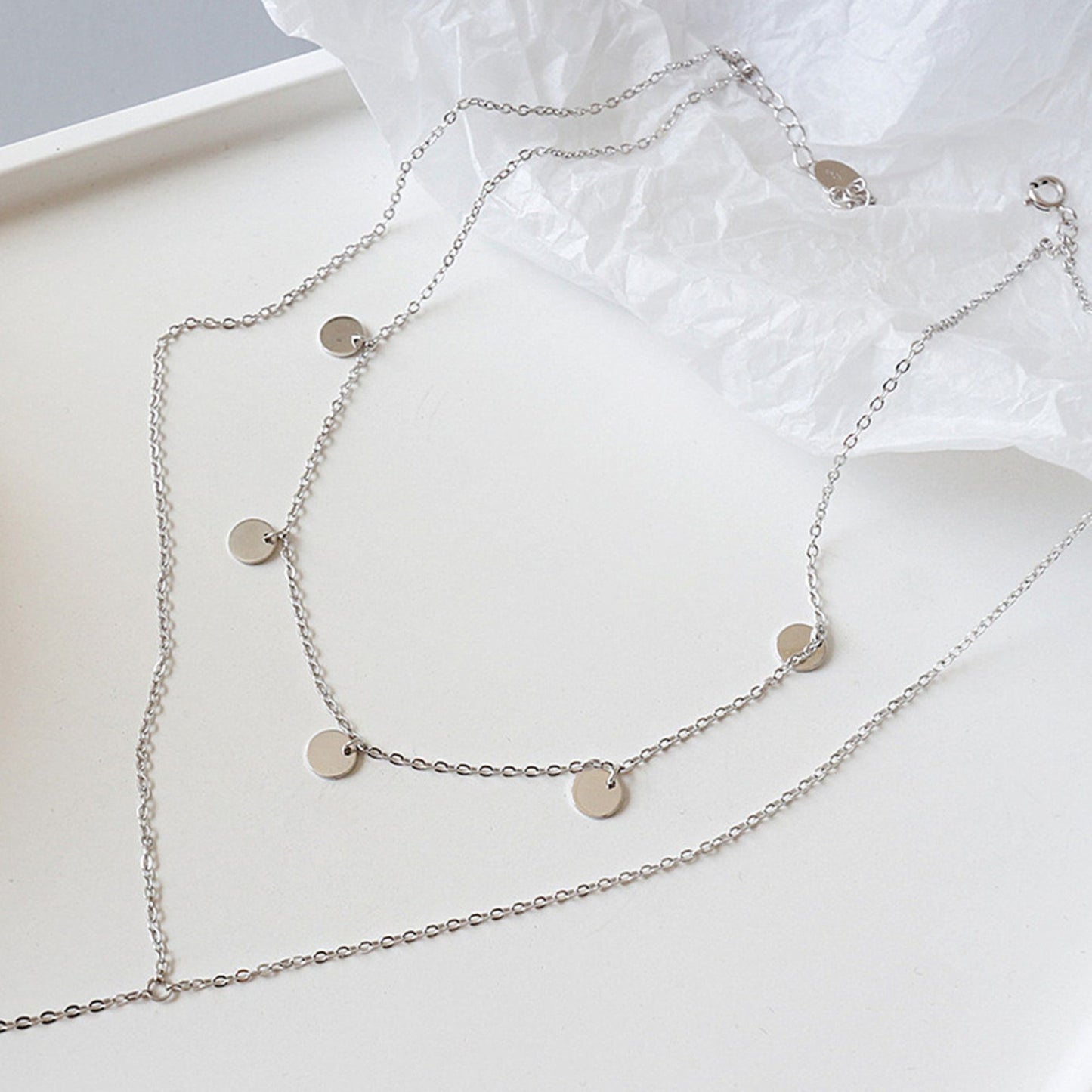 Sterling Silver Double Layer Multi Disc Dot Circle Choker Lariat Necklace - sugarkittenlondon
