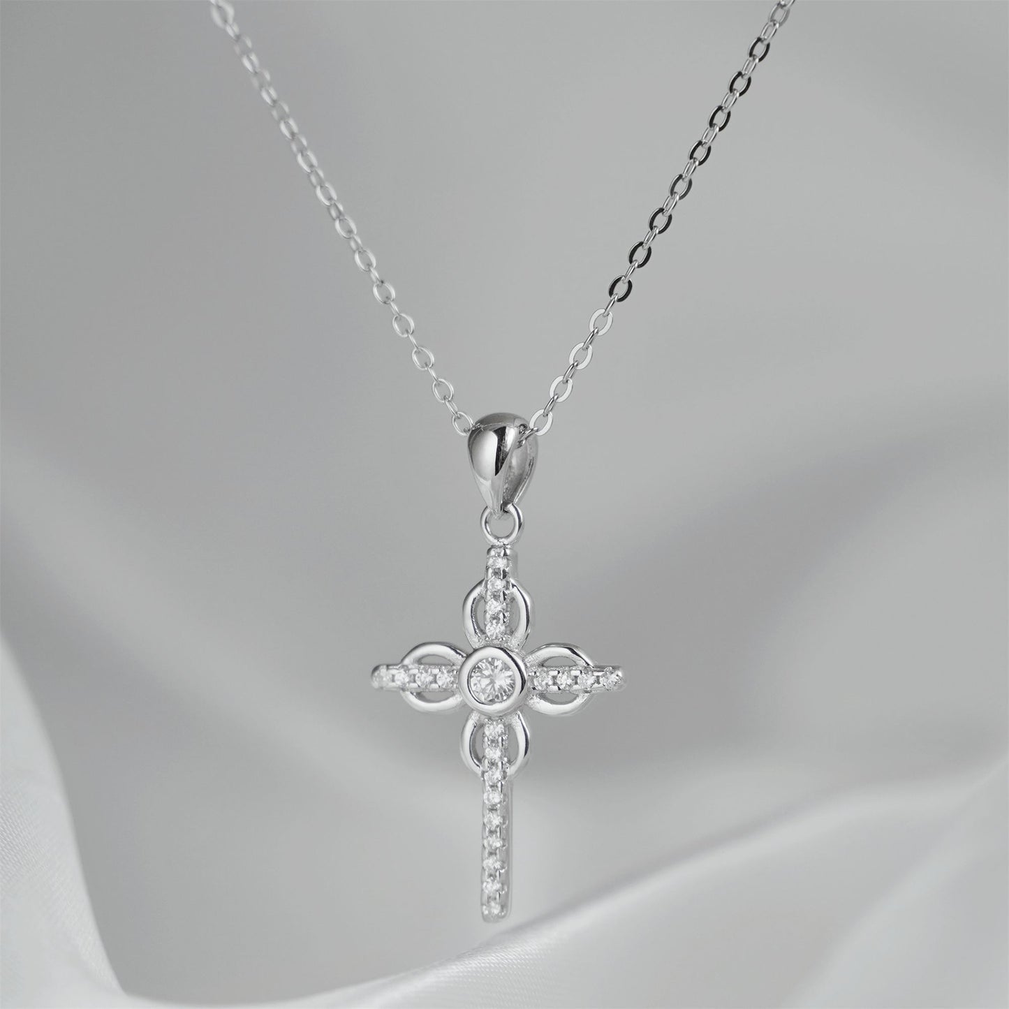 Sterling Silver Thin Paved CZ Ribbon Cross Bezel CZ Centre Pendant Necklace - sugarkittenlondon