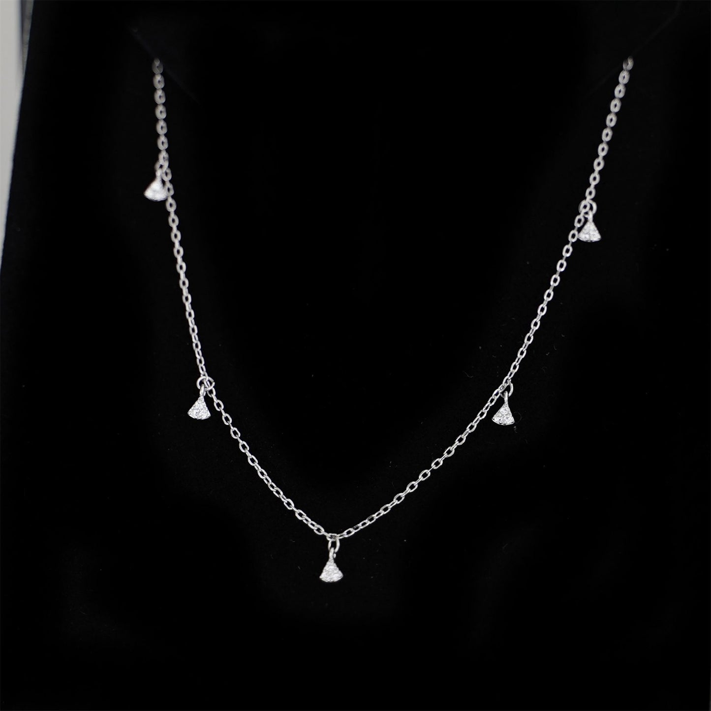 Sterling Silver Micro Pave CZ Mini Fan Charms Drip Choker Necklace - sugarkittenlondon